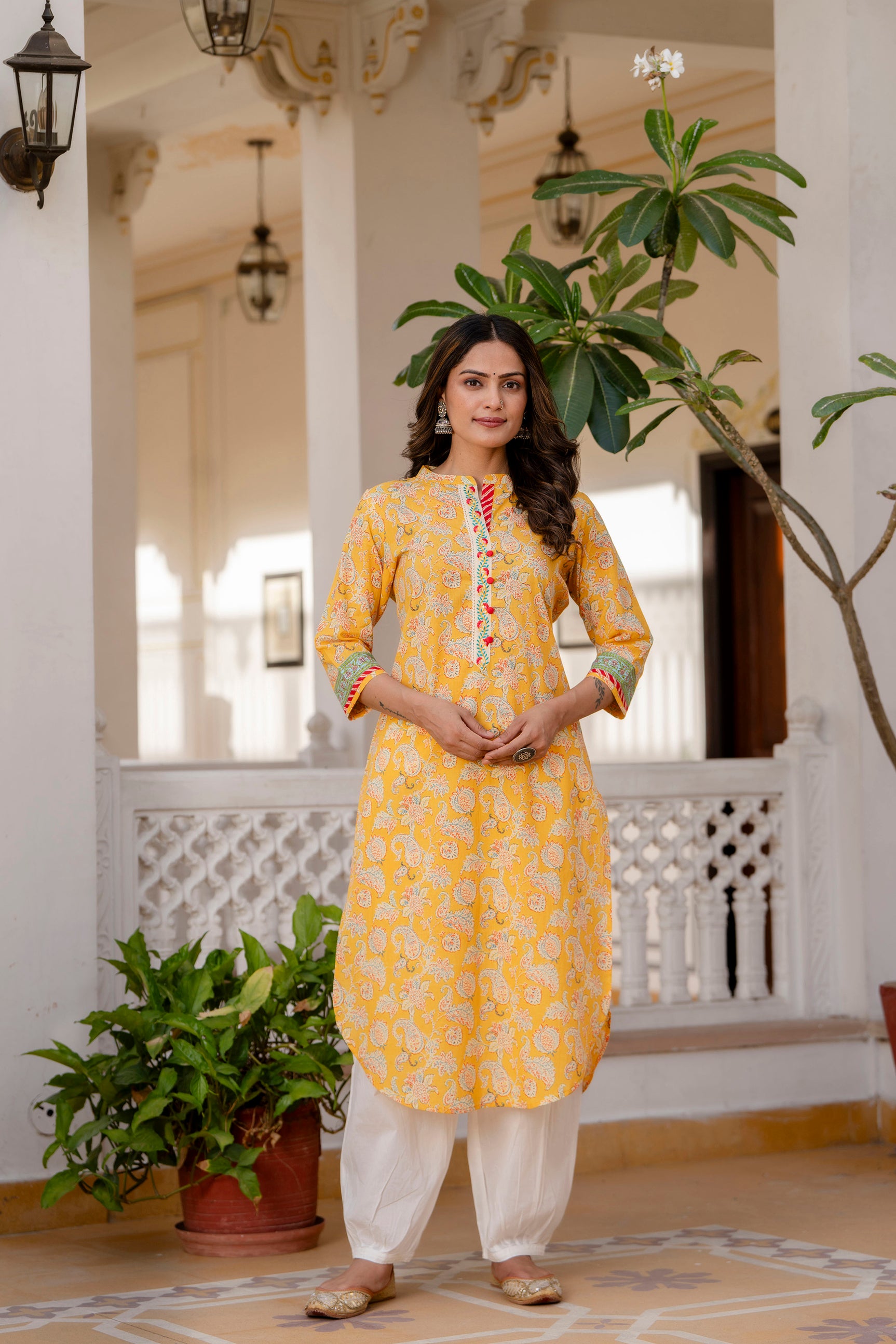 Yellow Floral Printed Cotton Kurta