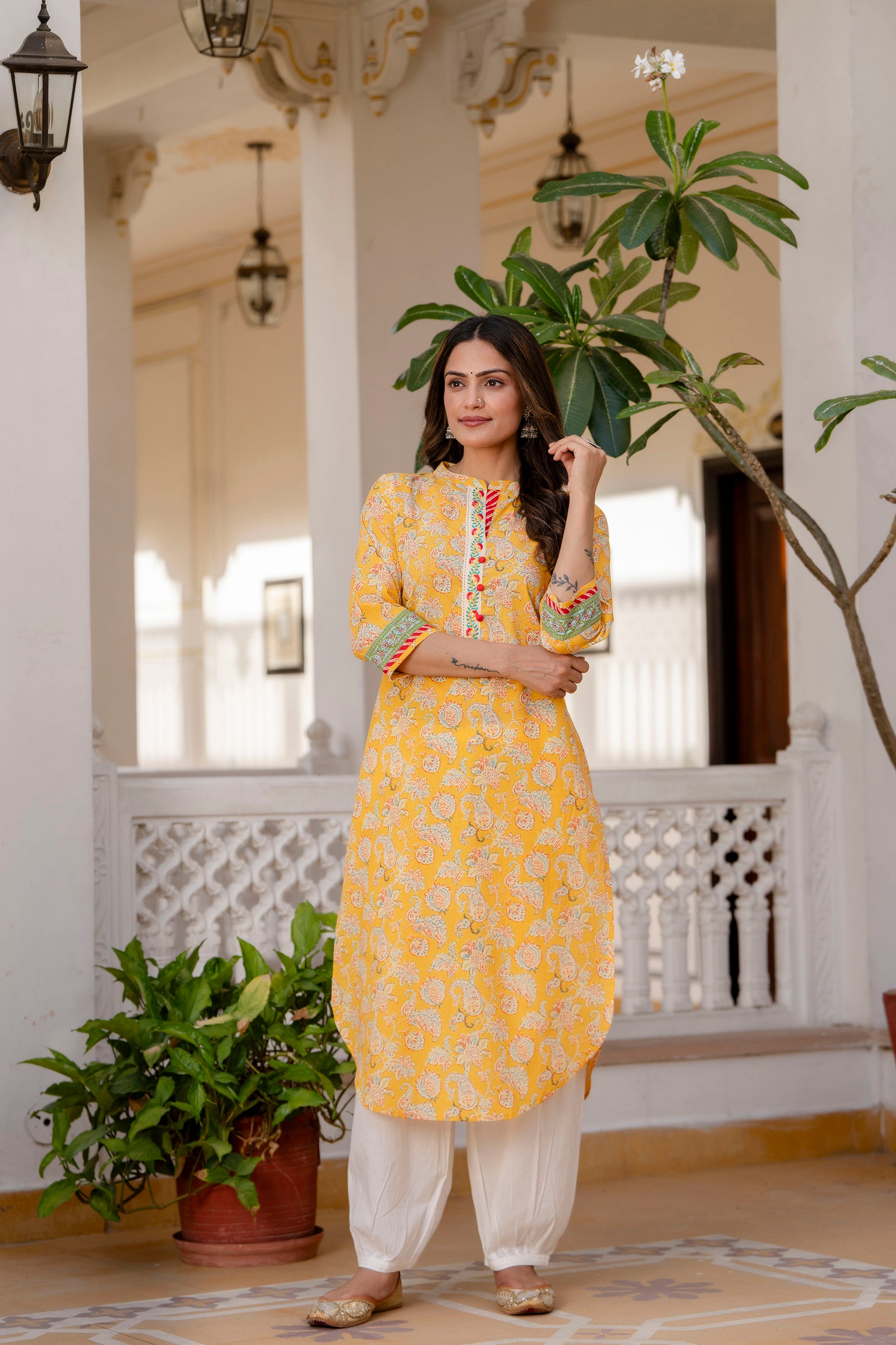 Yellow Floral Printed Cotton Kurta