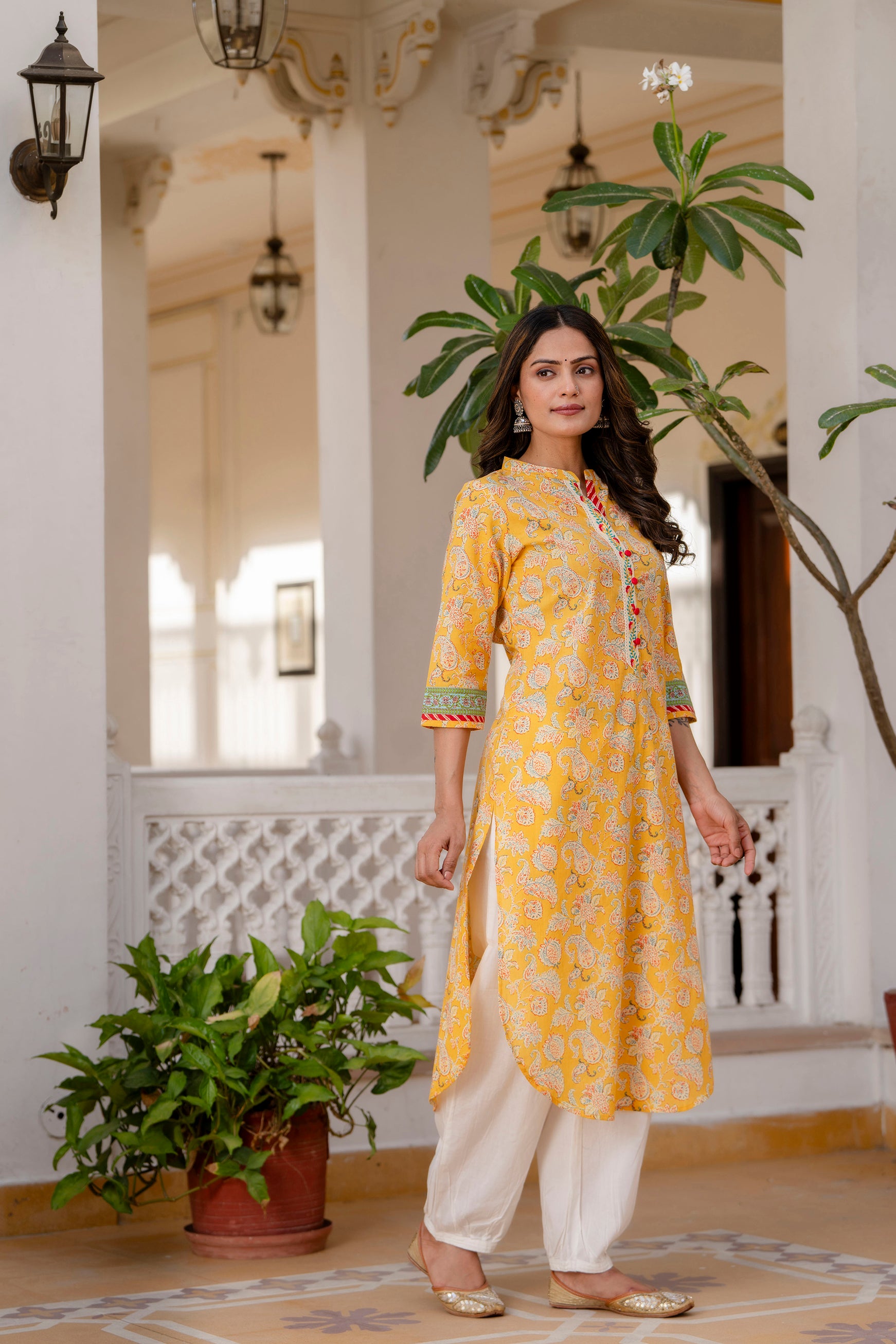 Yellow Floral Printed Cotton Kurta