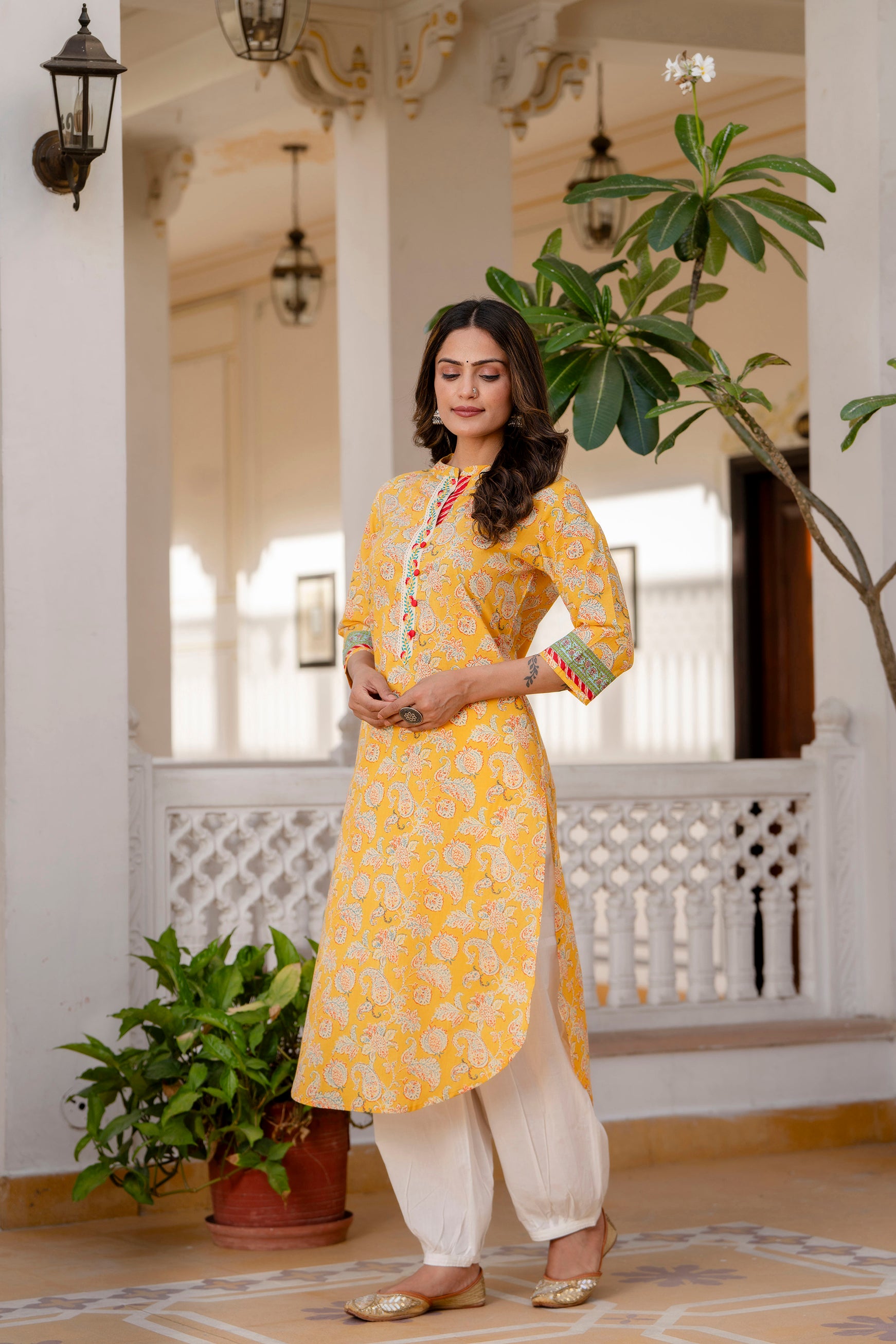 Yellow Floral Printed Cotton Kurta