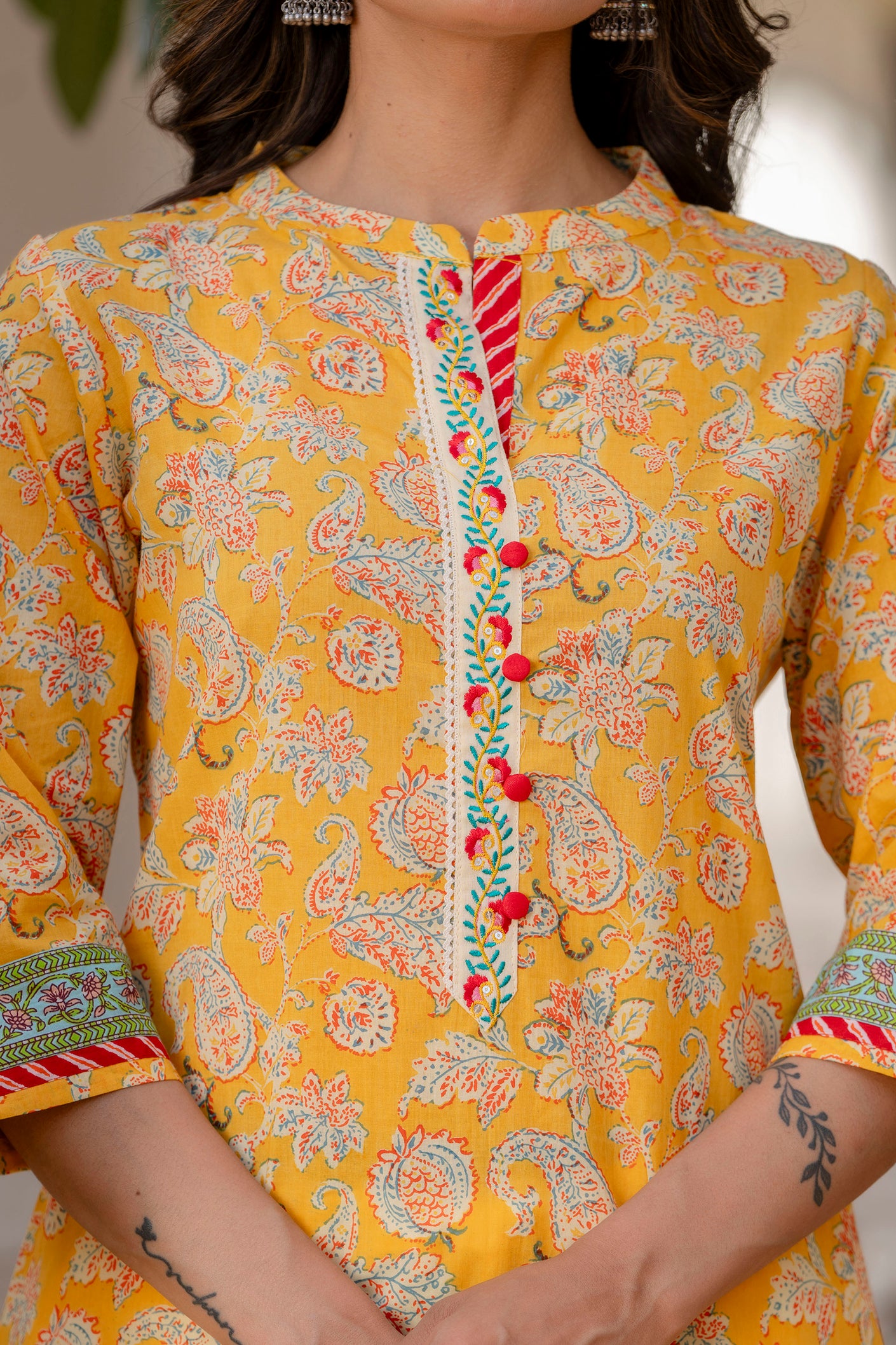 Yellow Floral Printed Cotton Kurta