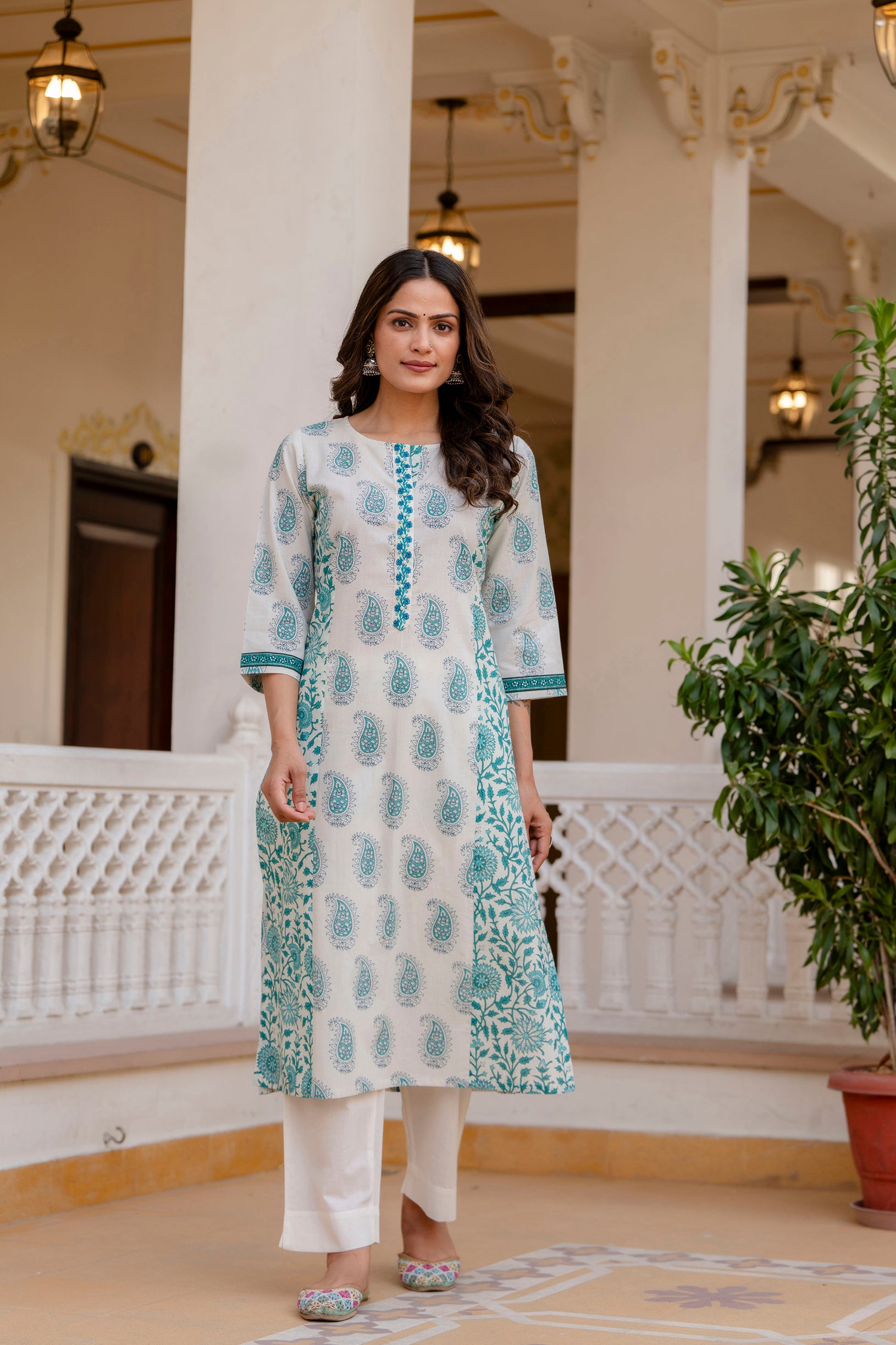 Turquoise Motif Printed Cotton Kurta