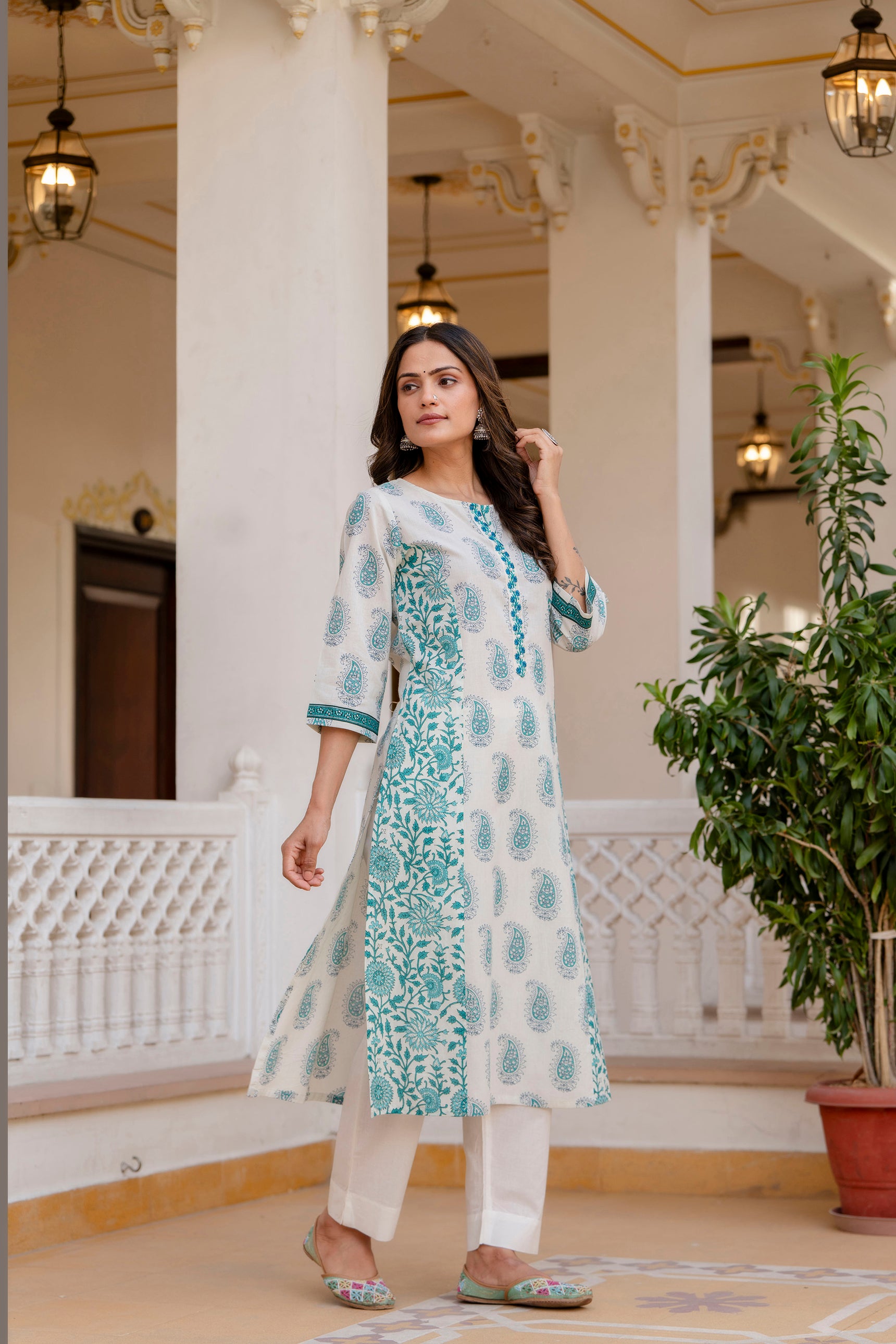 Turquoise Motif Printed Cotton Kurta