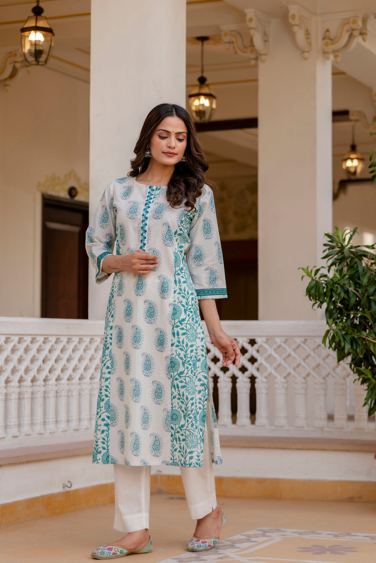 Turquoise Motif Printed Cotton Kurta