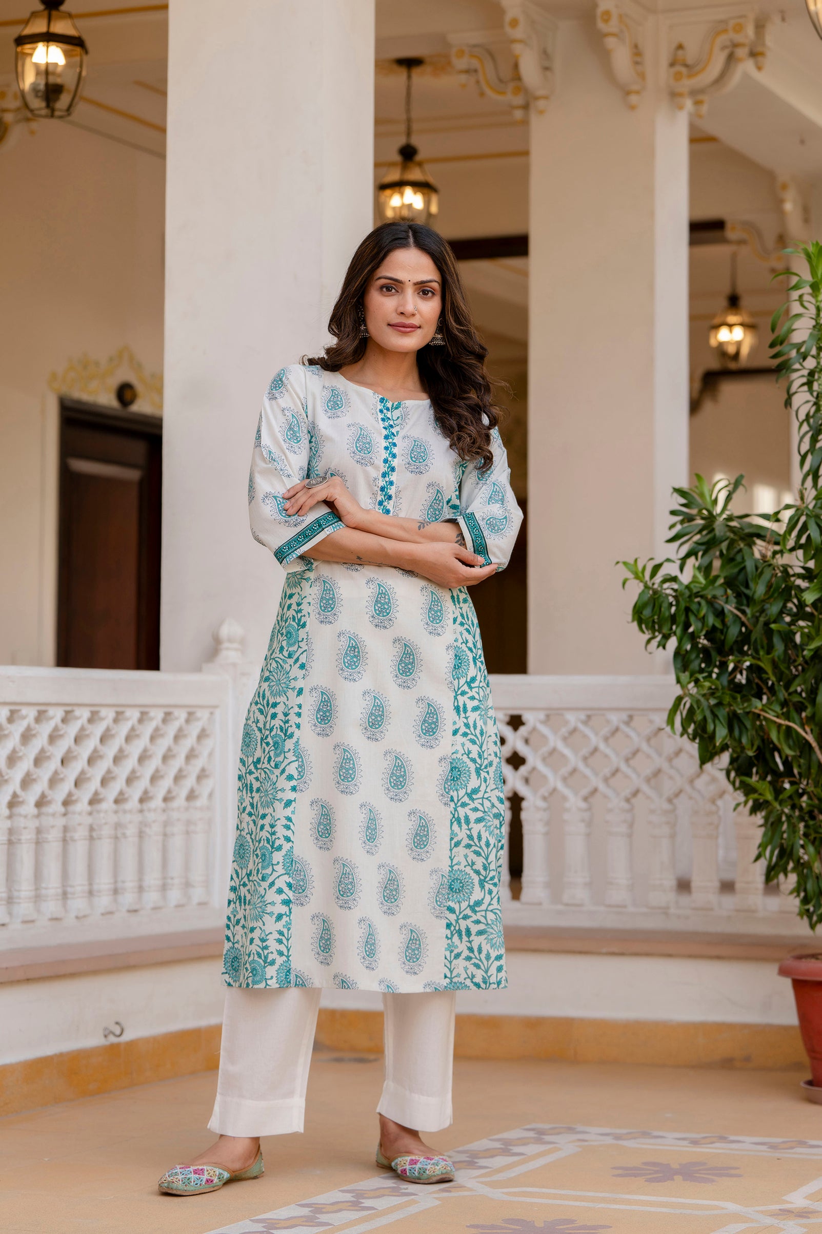 Turquoise Motif Printed Cotton Kurta