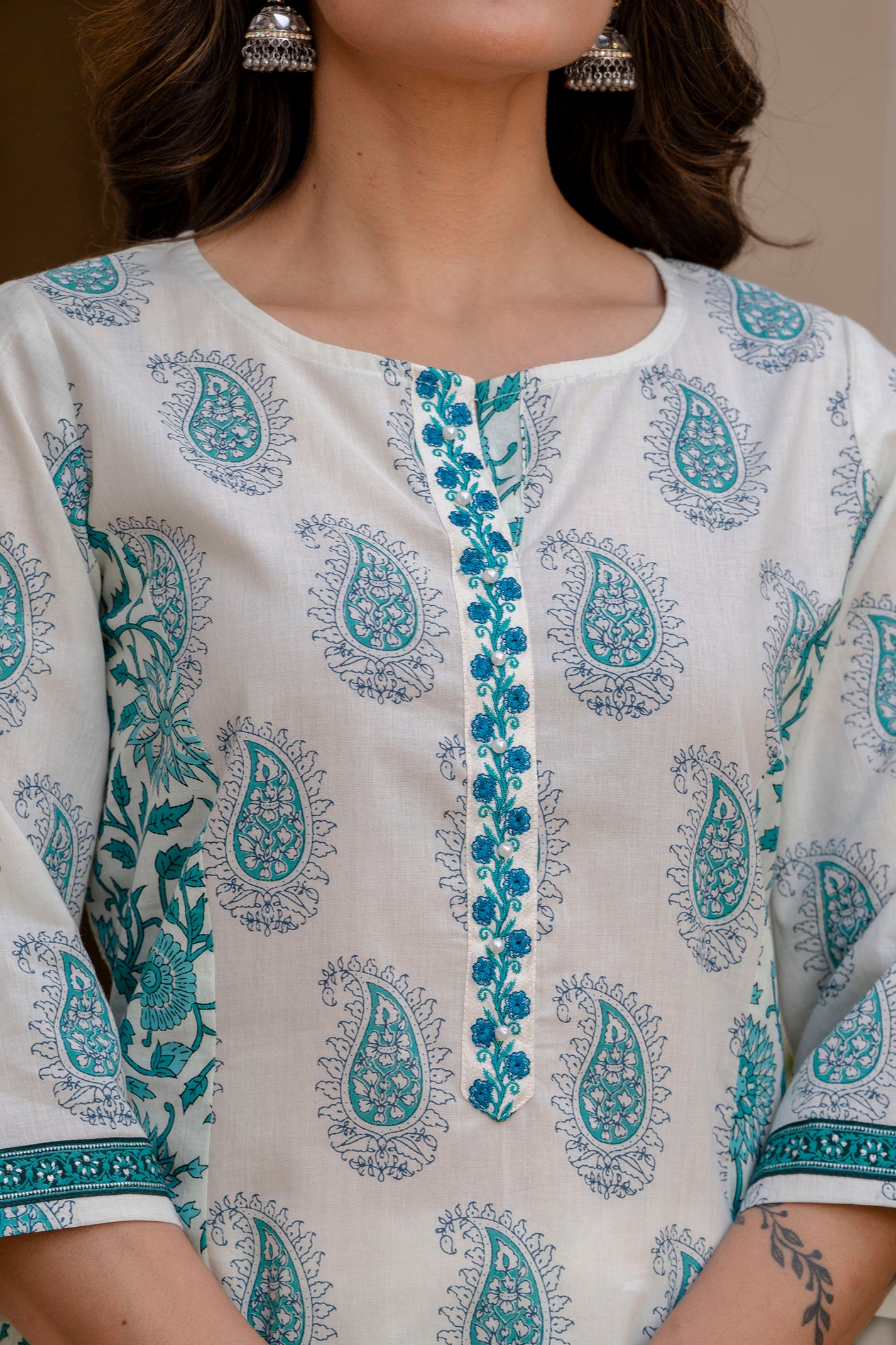 Turquoise Motif Printed Cotton Kurta