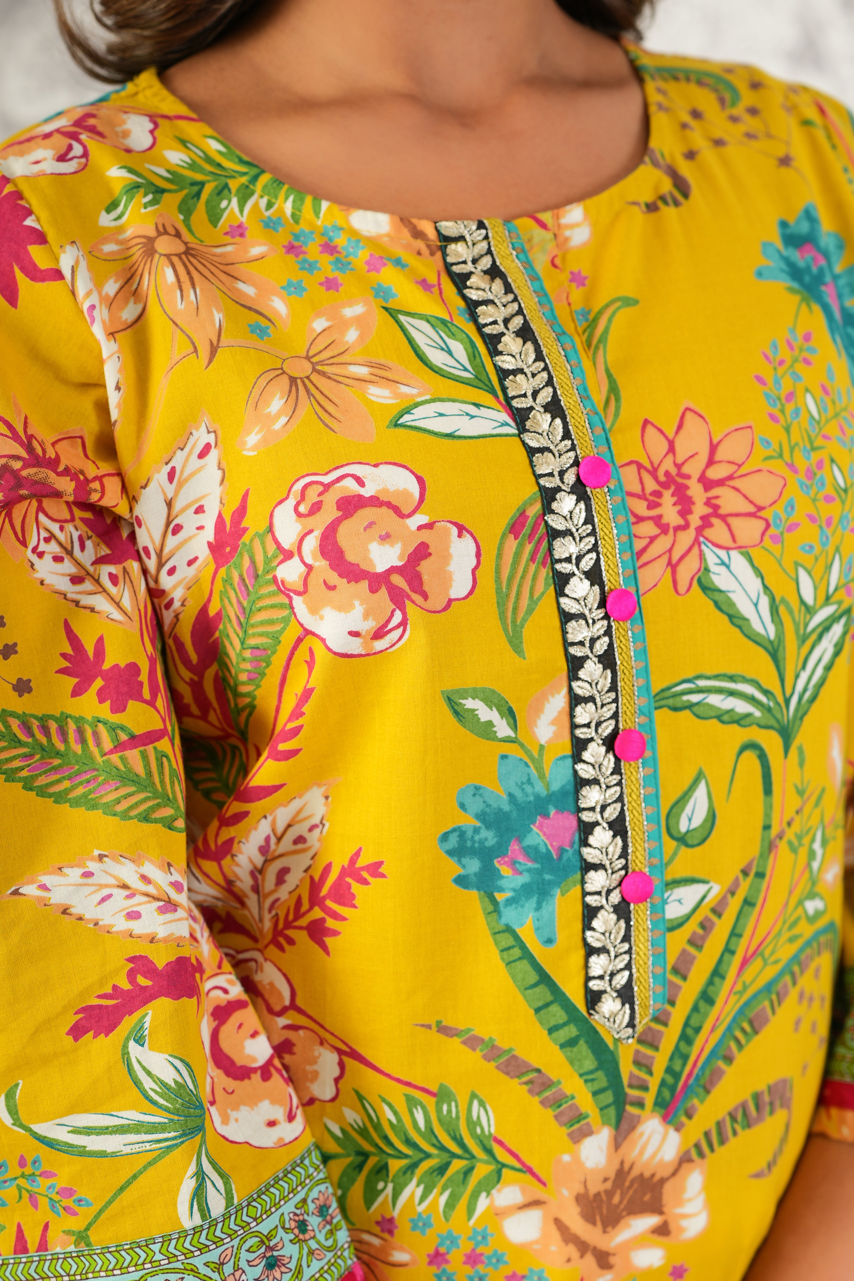 Mustard Floral Printed Cotton Kurta