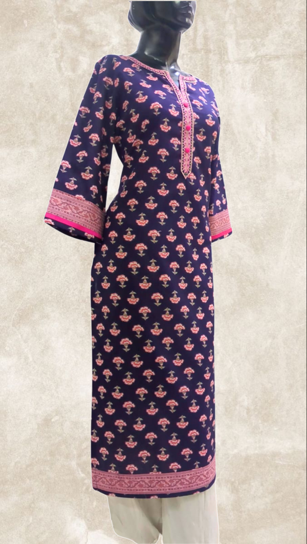 Violet Floral Printed Cotton Kurta