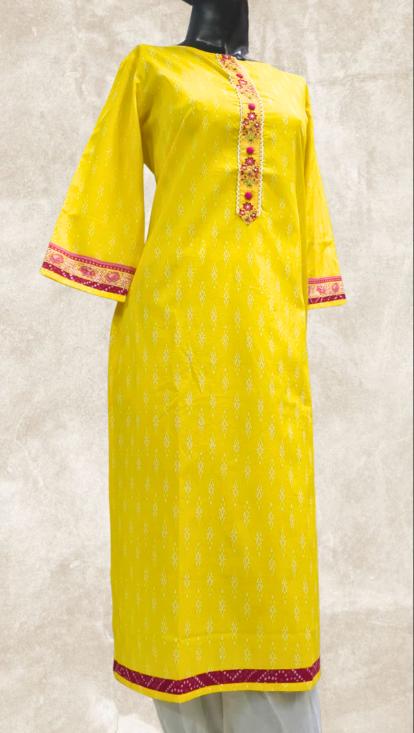 Yellow Motif Printed Cotton Kurta