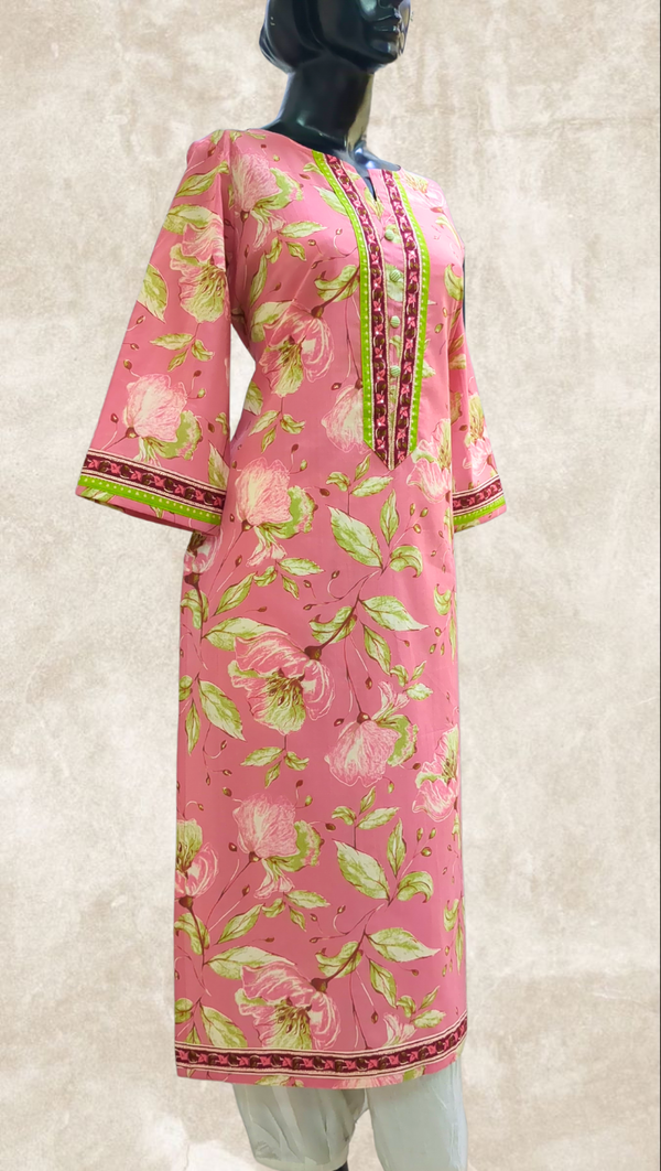 Pink Floral Printed Cotton Kurta
