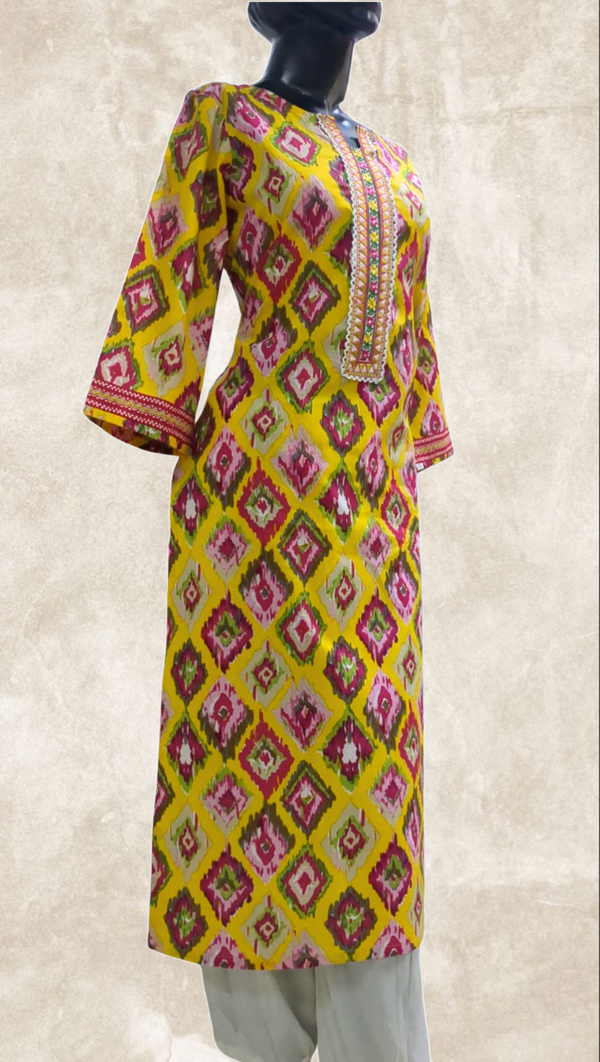 Yellow Ikat Printed Cotton Kurta