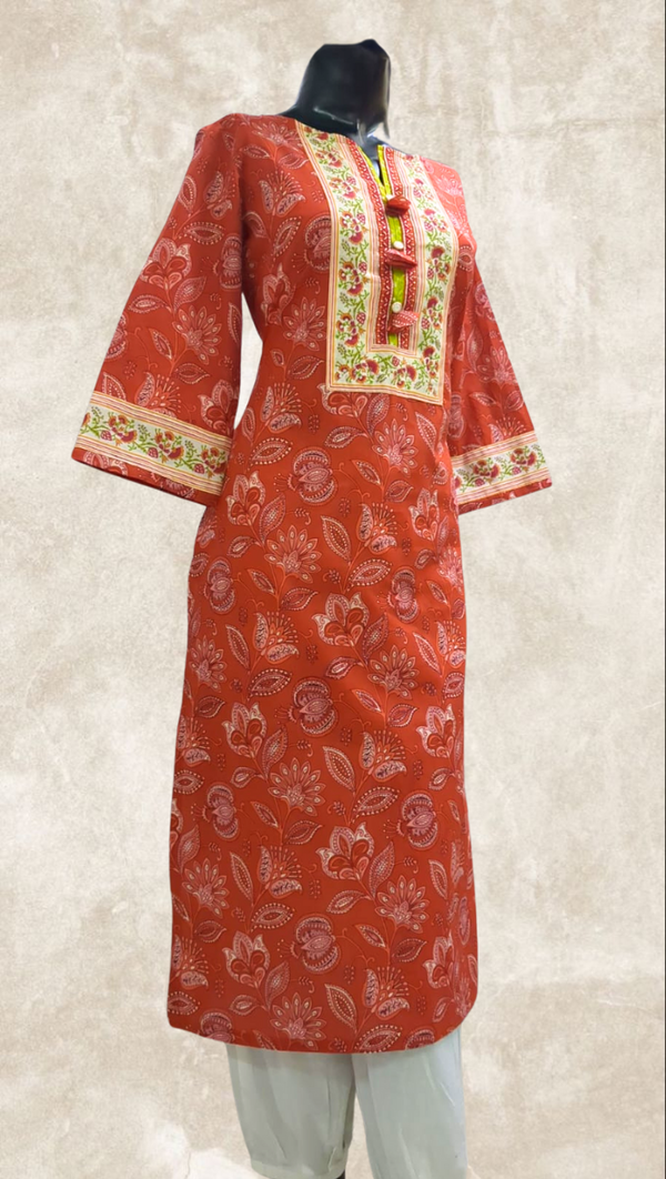 Orange Floral Printed Cotton Kurta