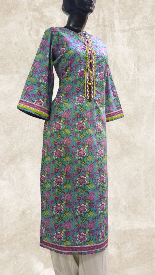 Blue Floral Printed Cotton Kurta