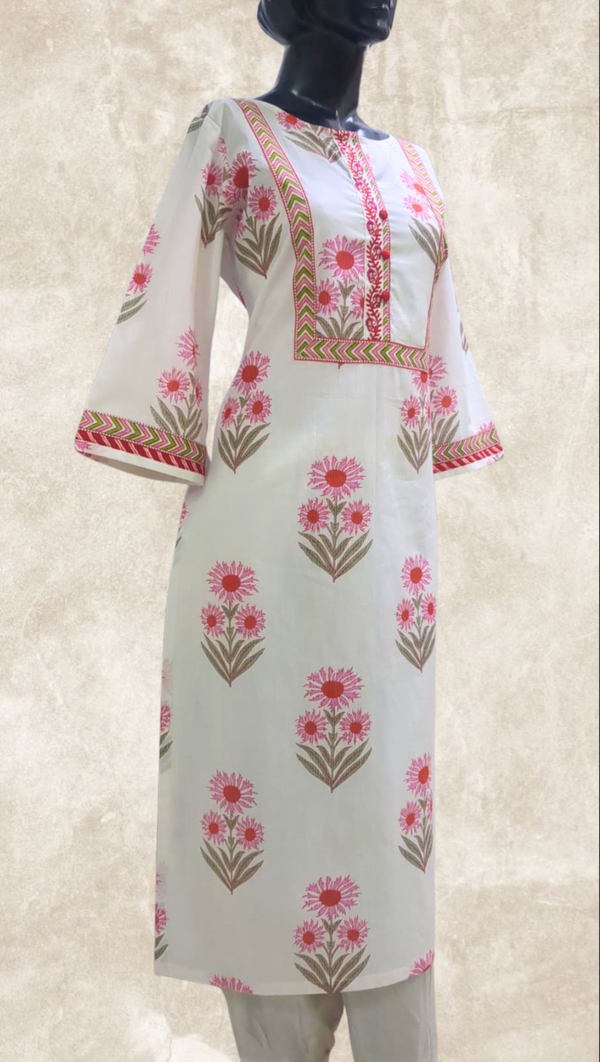 White Floral Printed Cotton Kurta