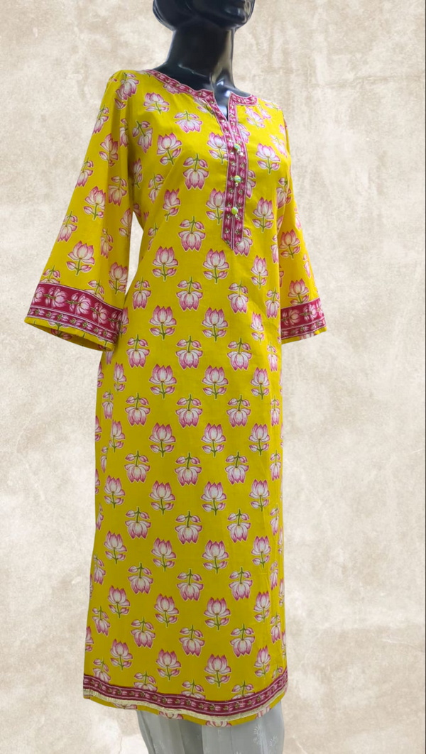 Yellow Floral Cotton Printed Kurti