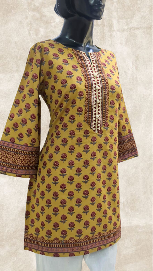 Mustard Motif Cotton Short Kurti