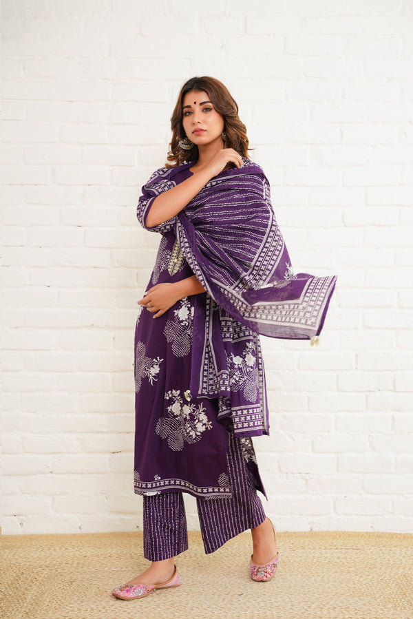 Purple Floral Printed Suit Set