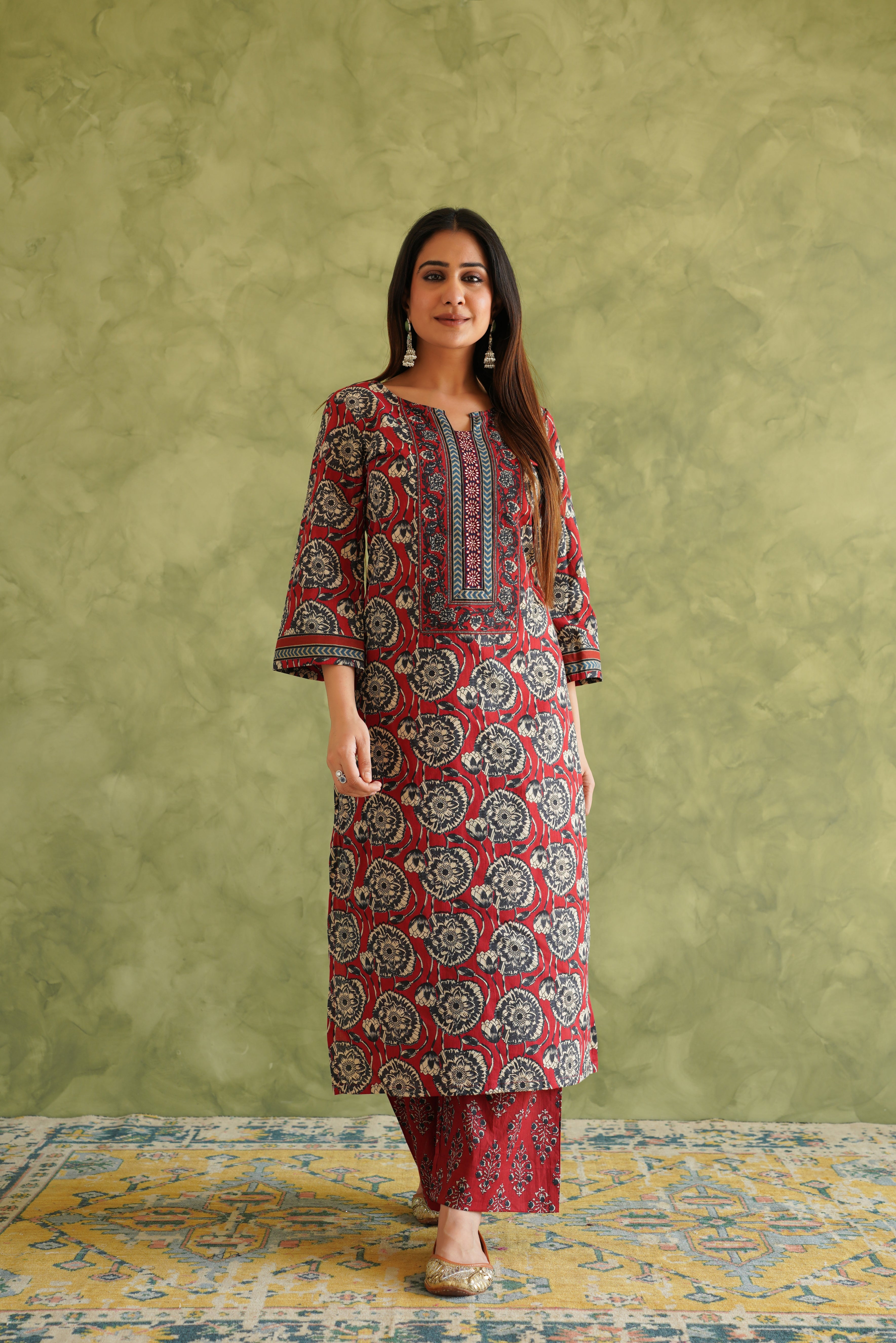 Maroon Floral Printed Suit Set