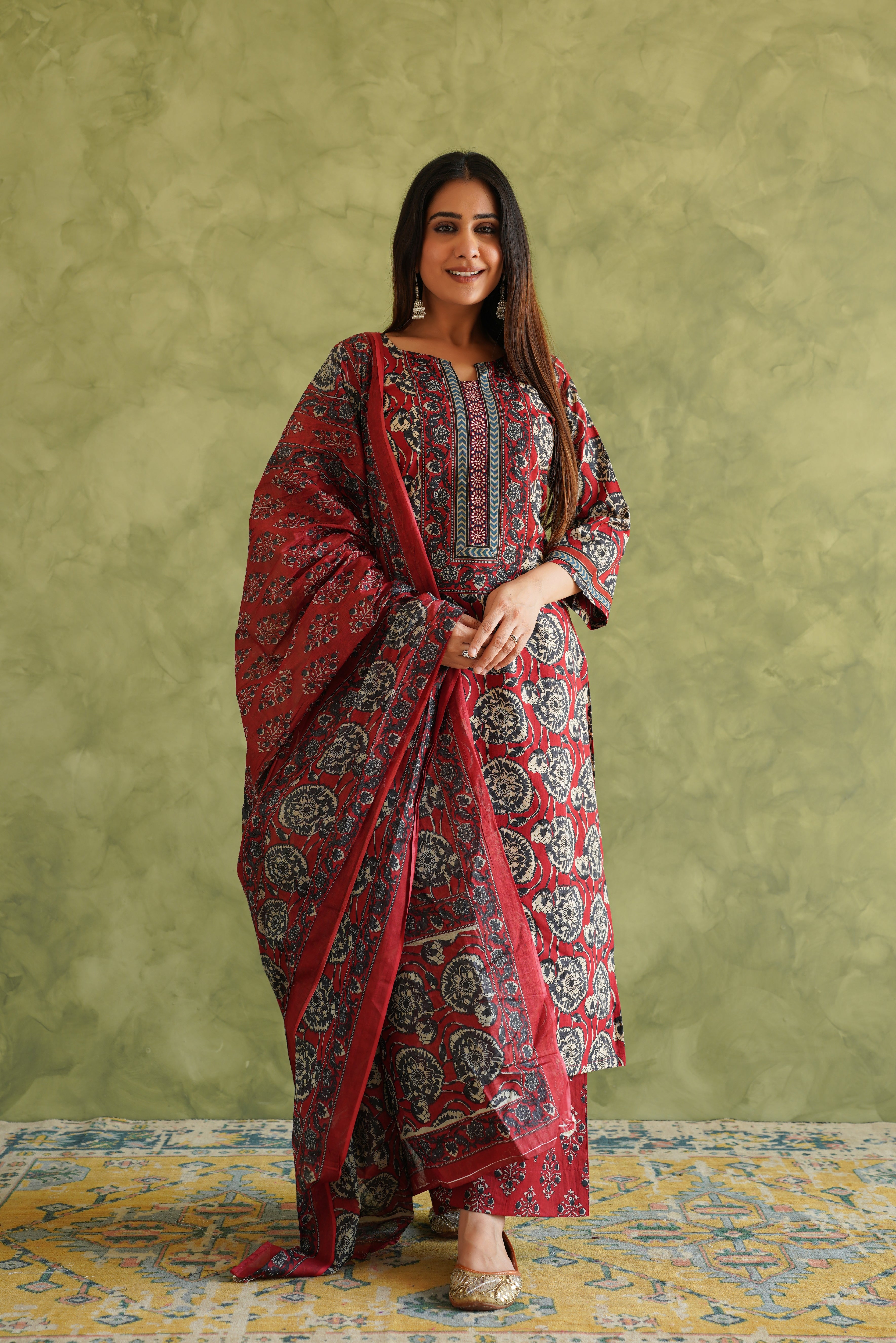 Maroon Floral Printed Suit Set