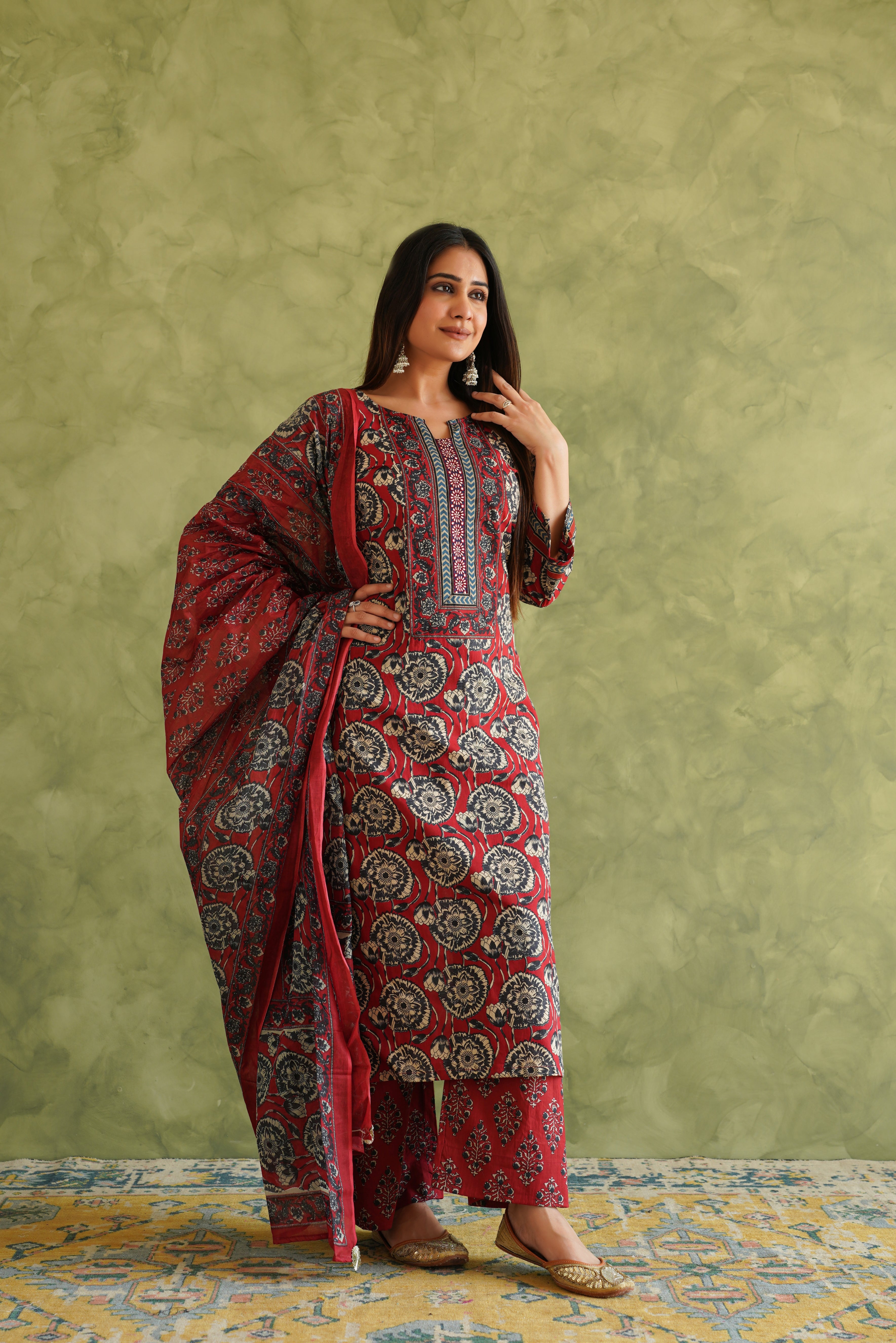 Maroon Floral Printed Suit Set