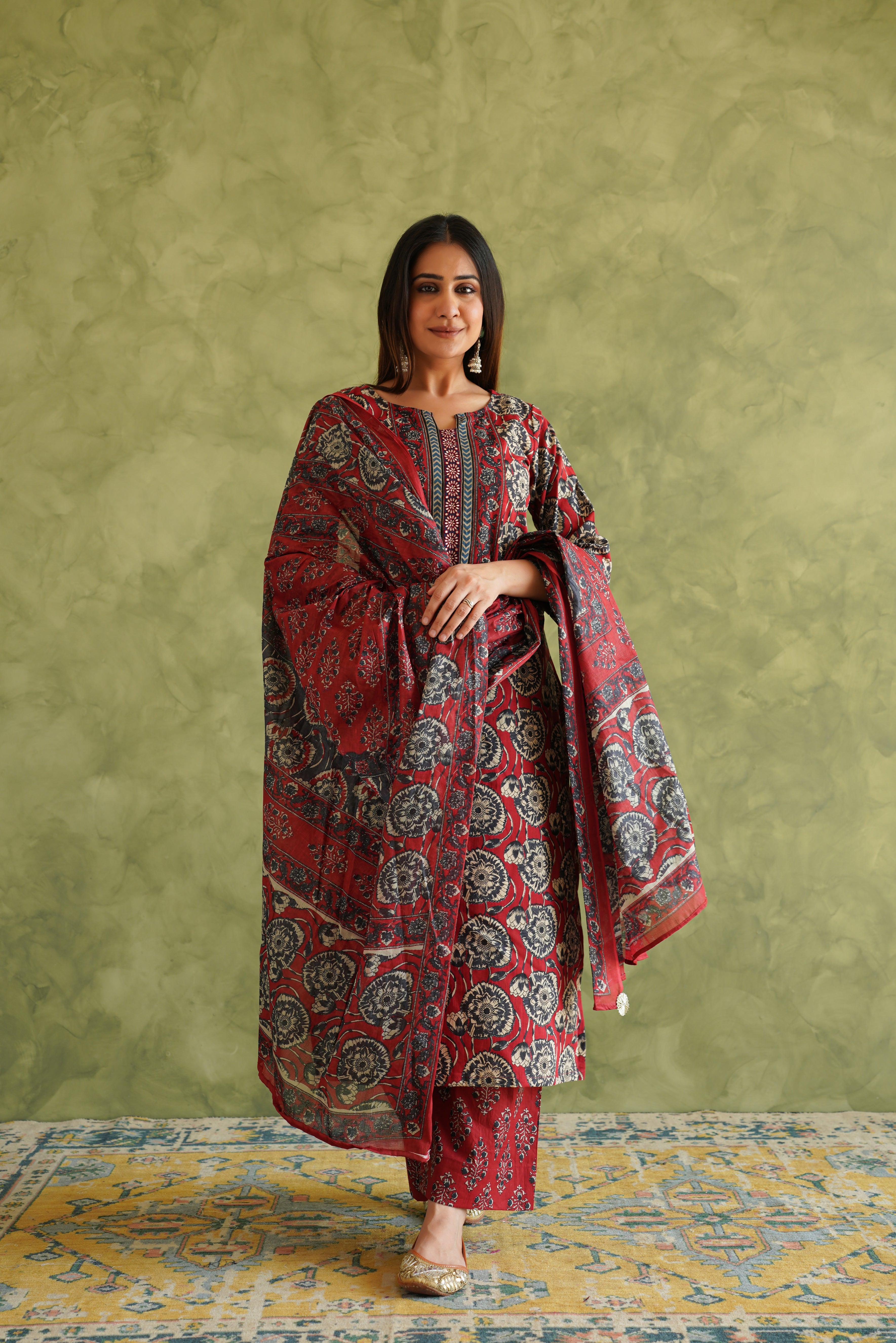 Maroon Floral Printed Suit Set