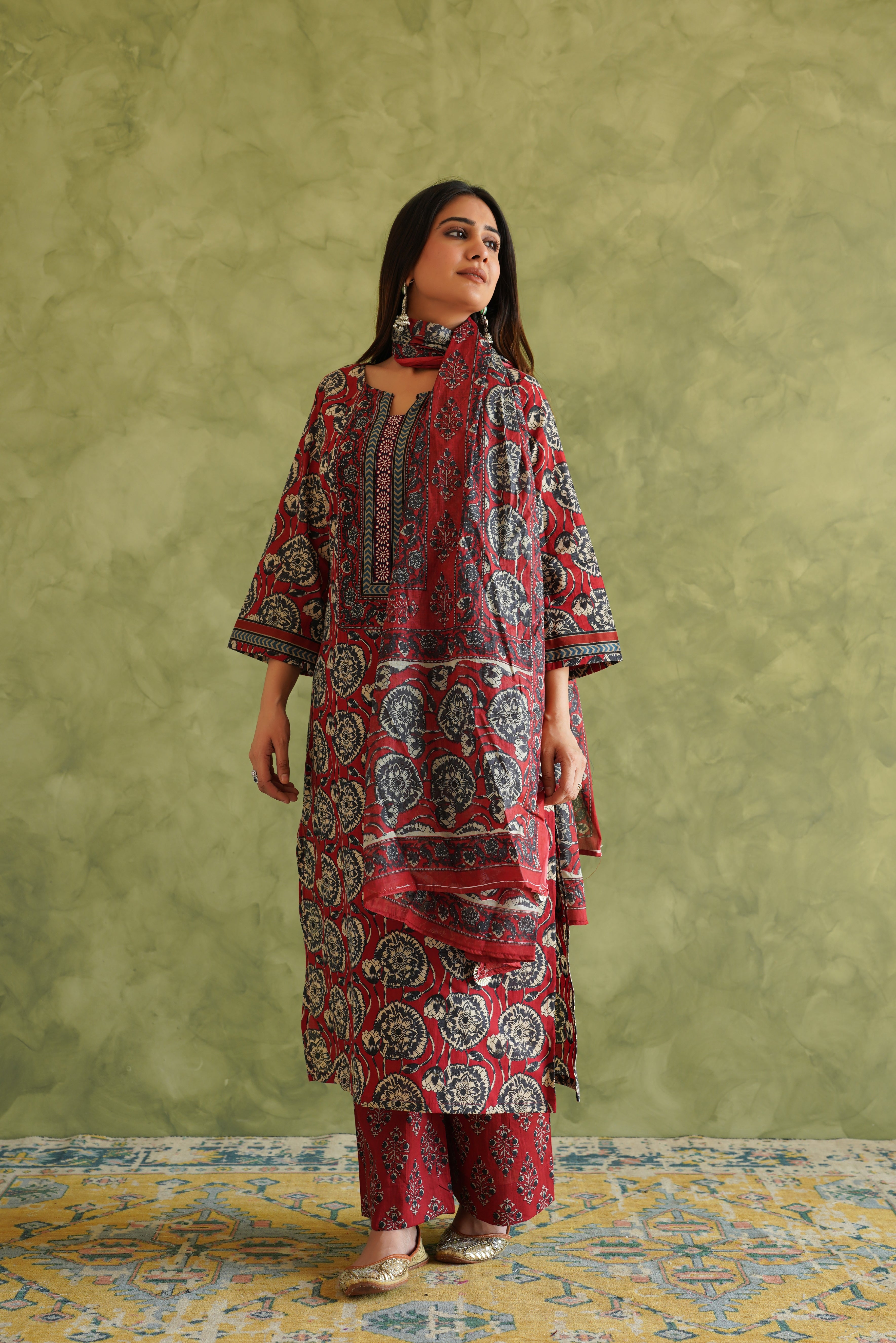 Maroon Floral Printed Suit Set