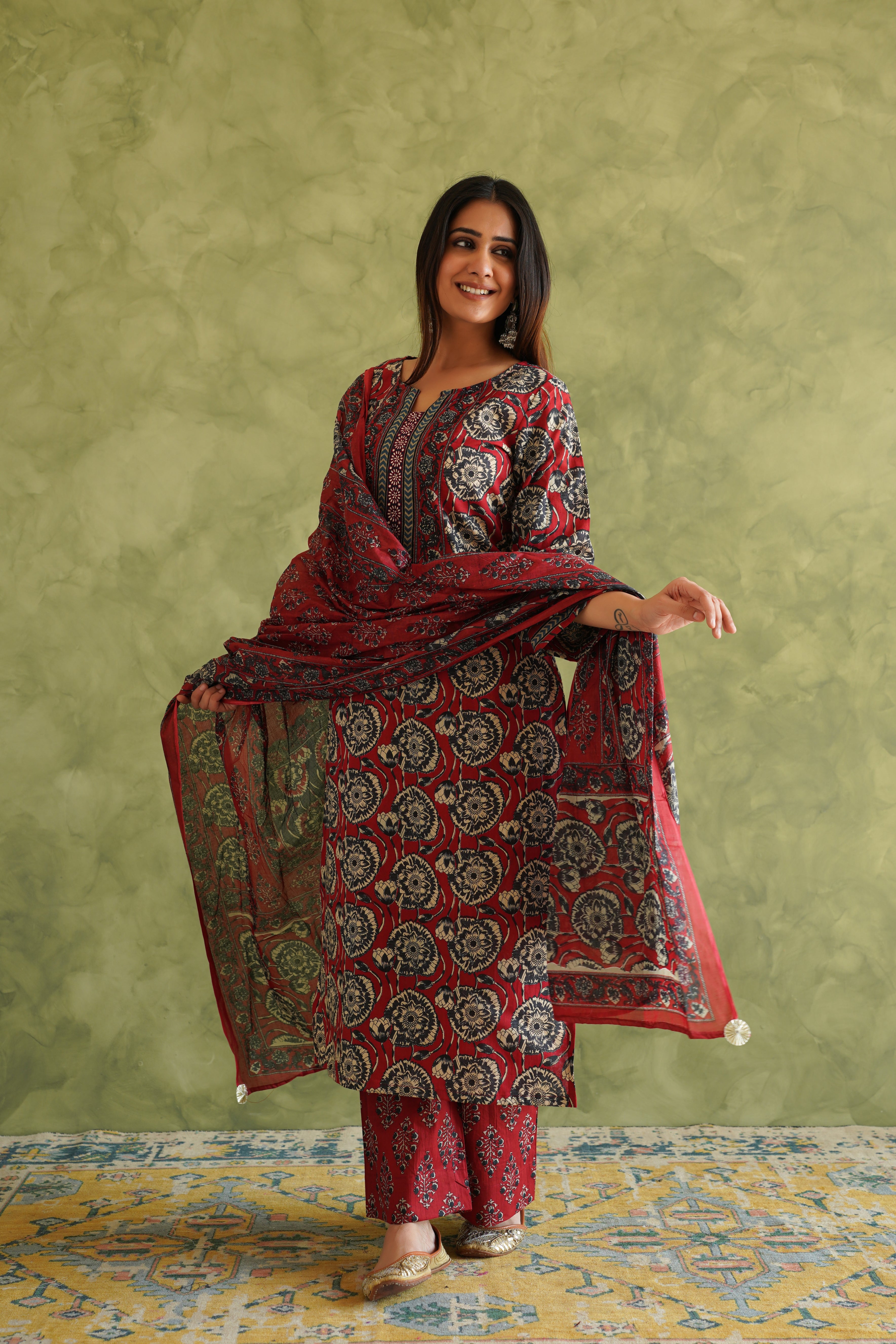 Maroon Floral Printed Suit Set