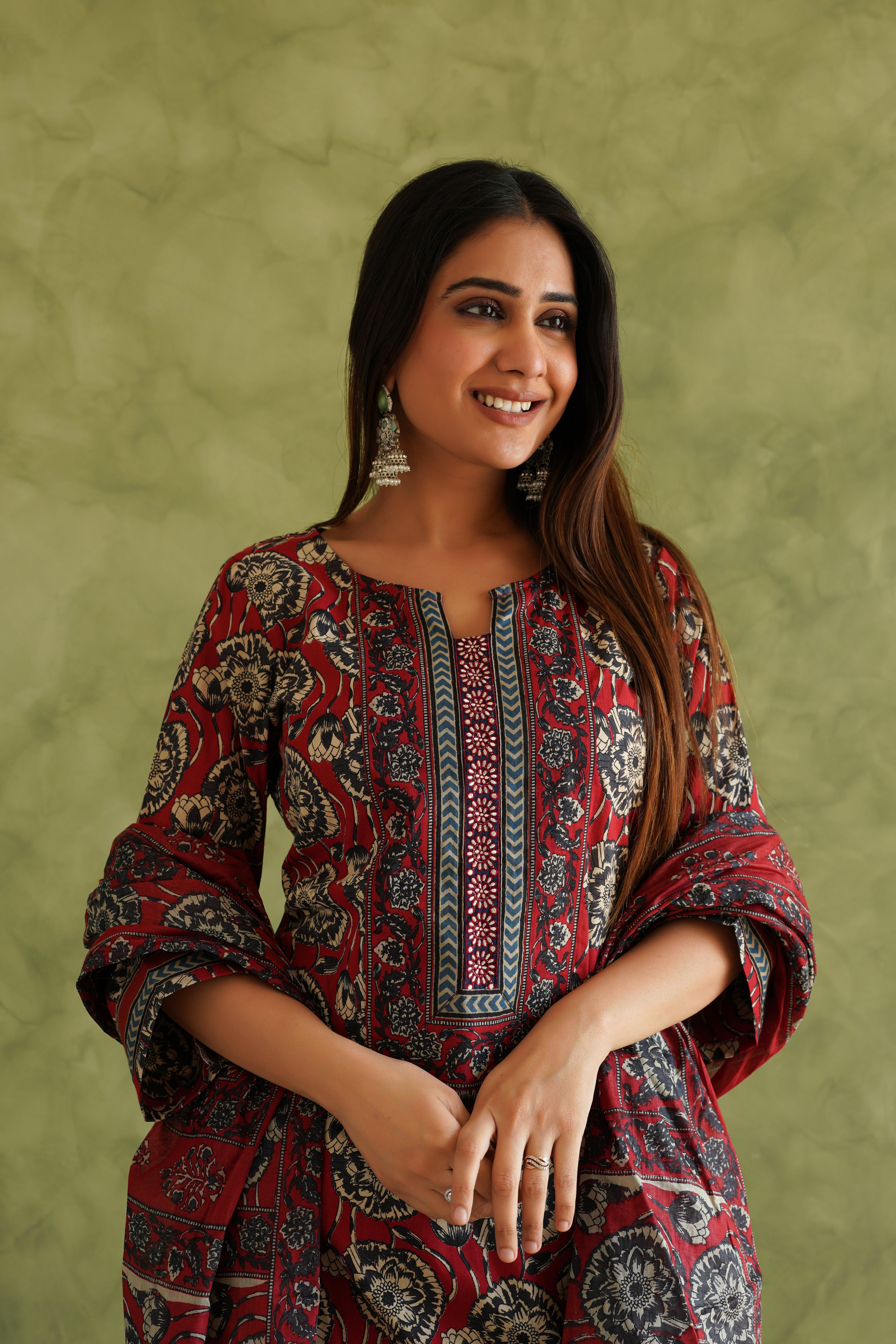 Maroon Floral Printed Suit Set