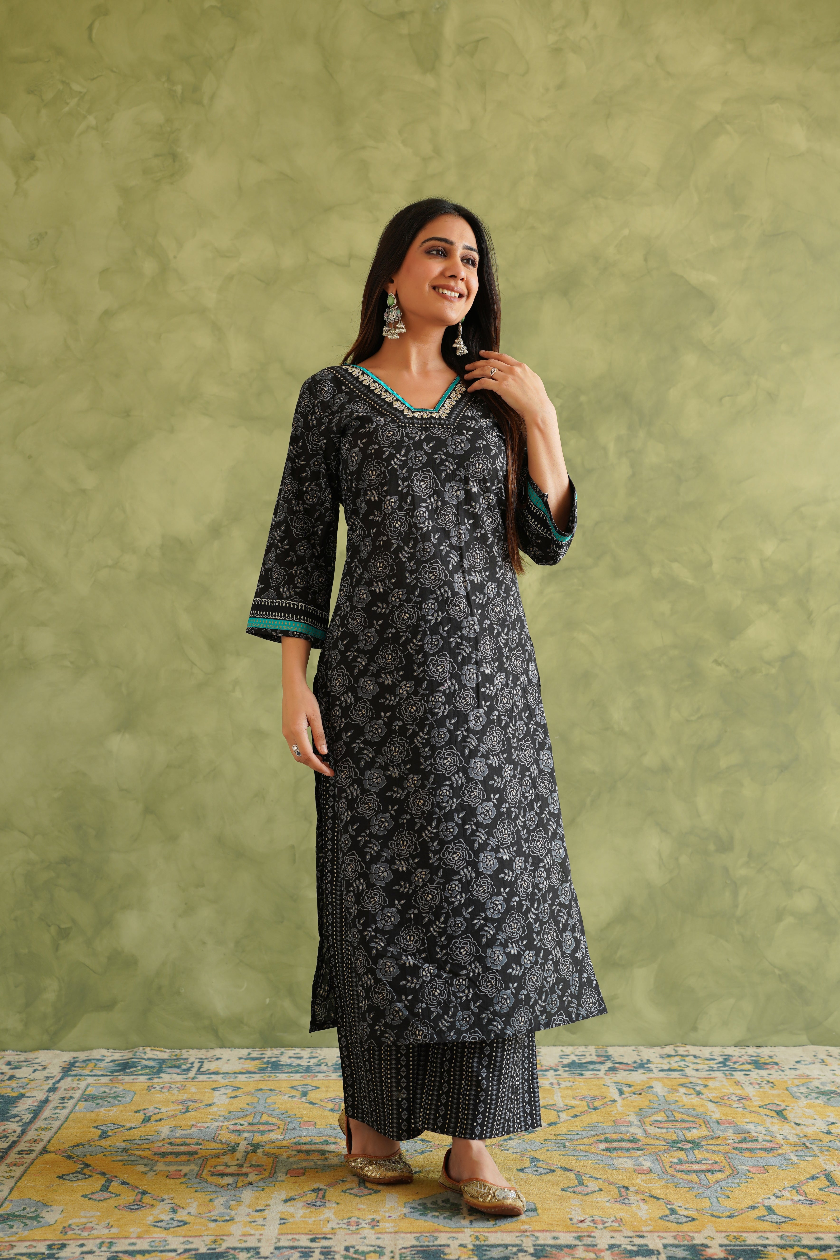 Black Floral Printed Suit Set