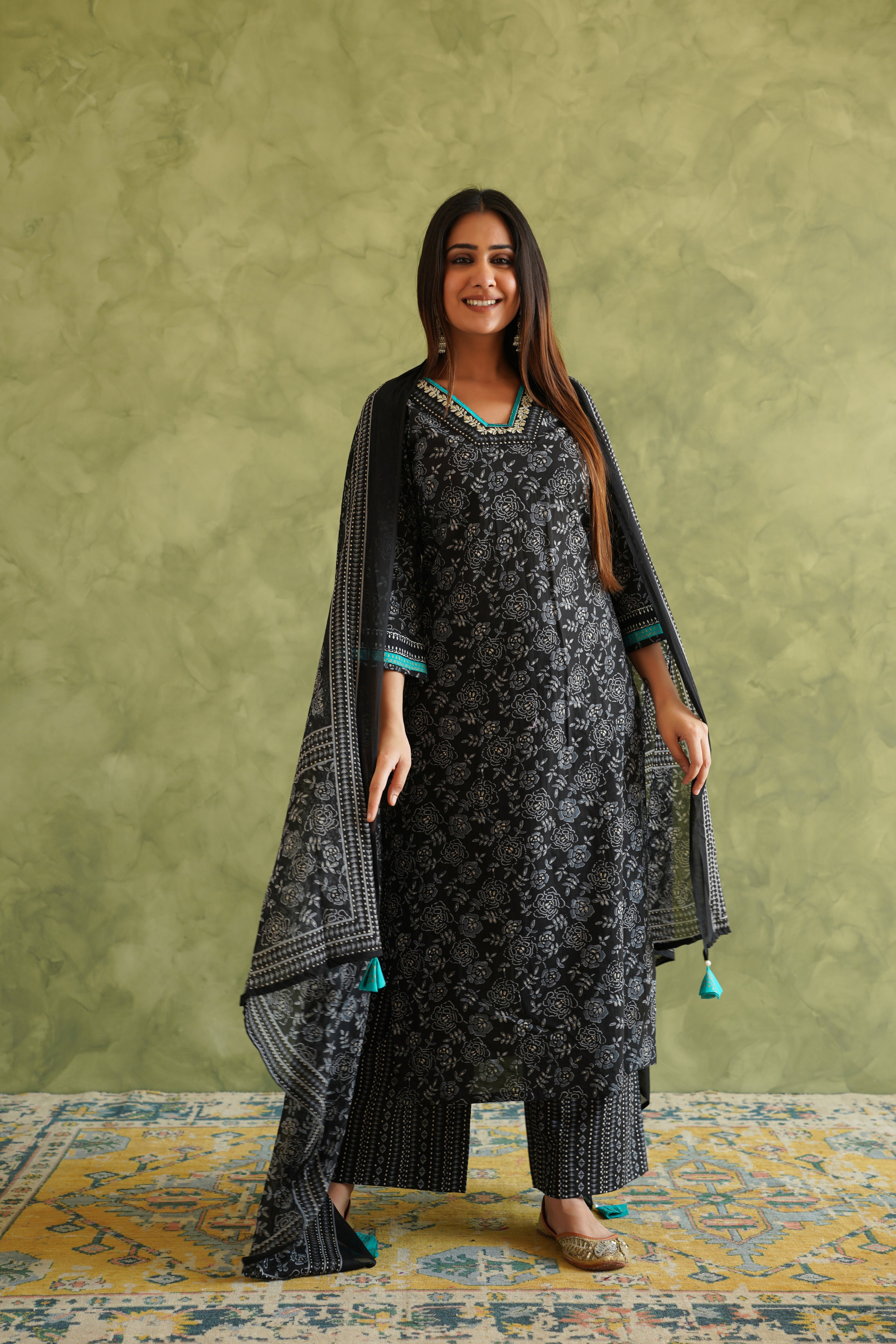 Black Floral Printed Suit Set