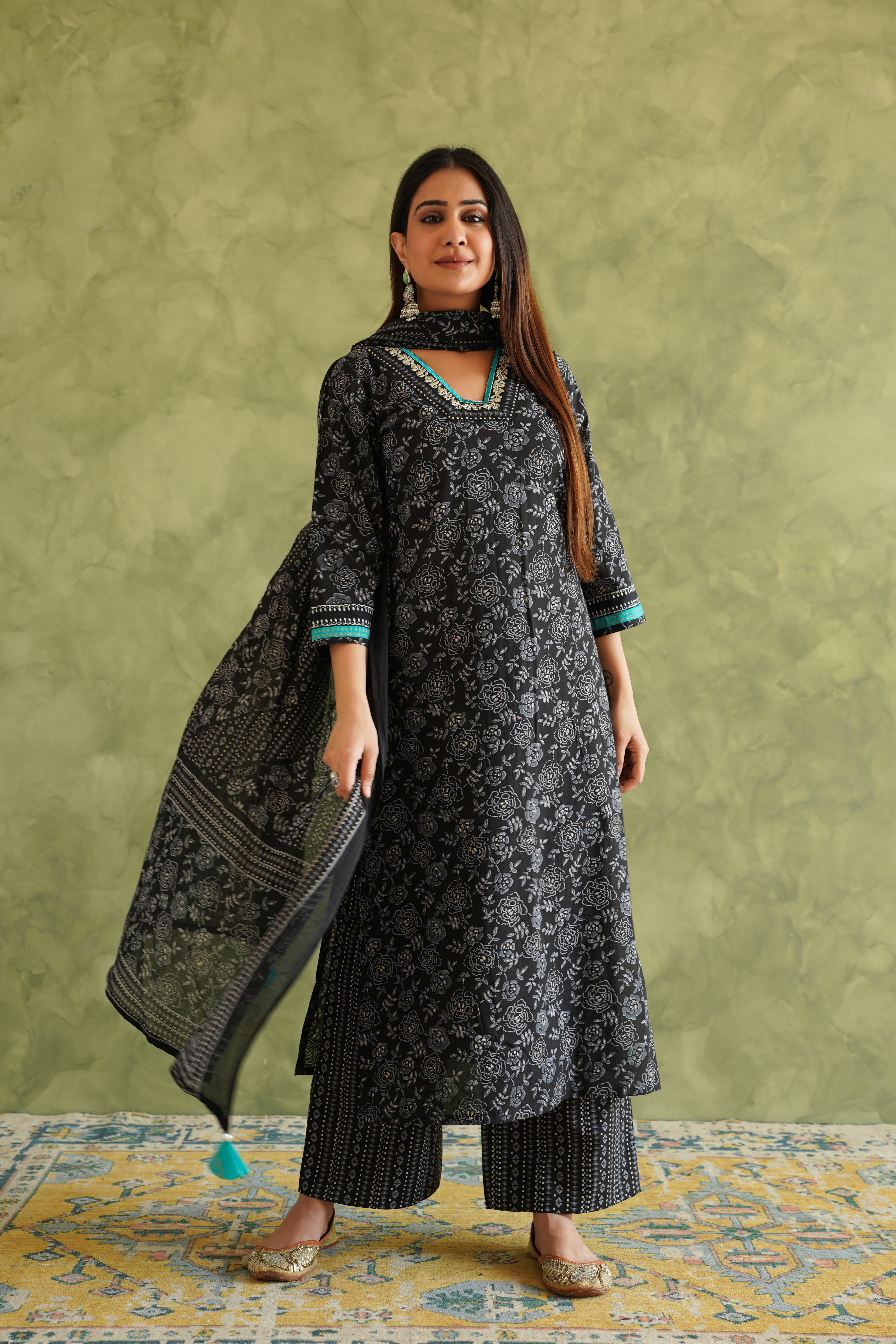 Black Floral Printed Suit Set