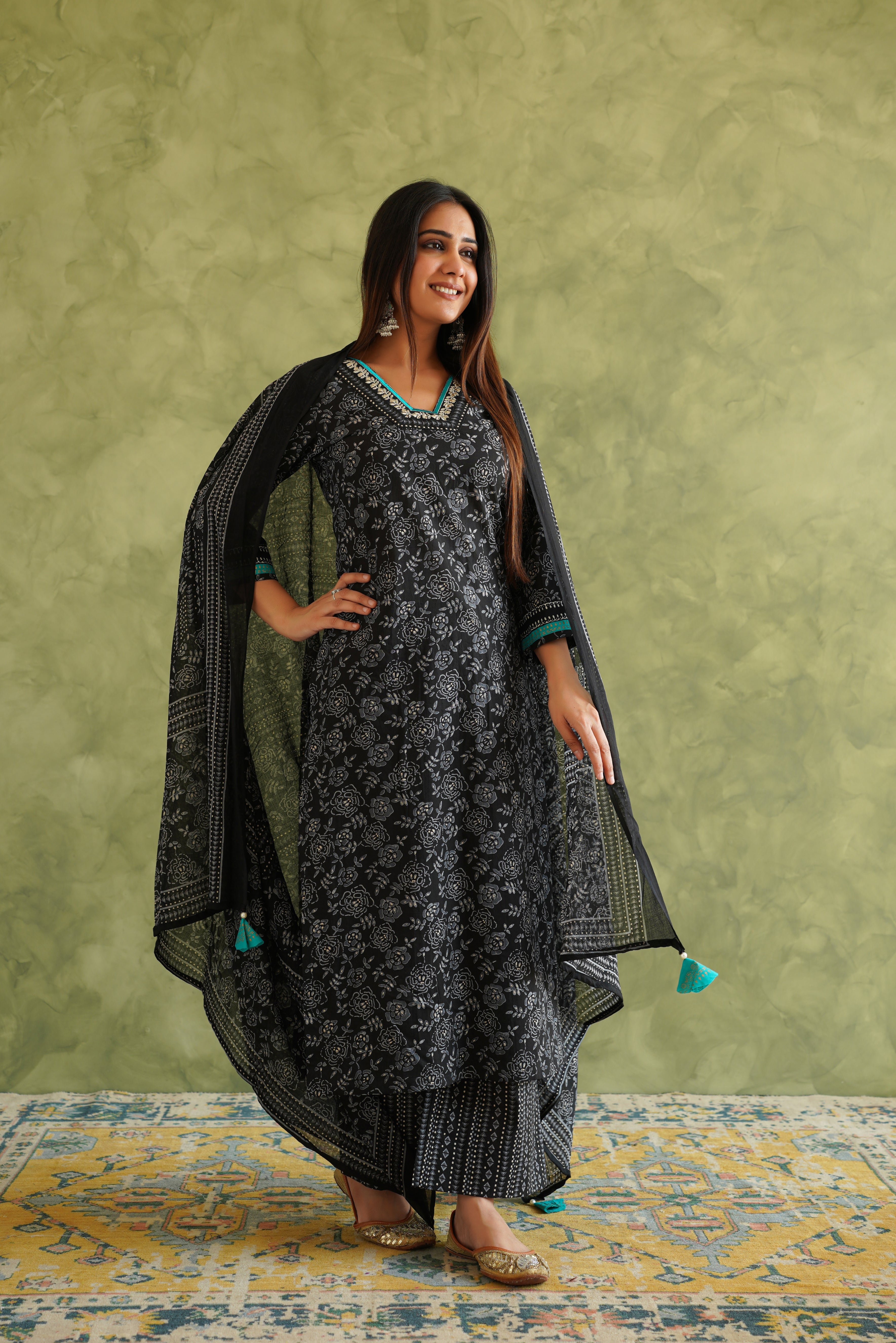 Black Floral Printed Suit Set