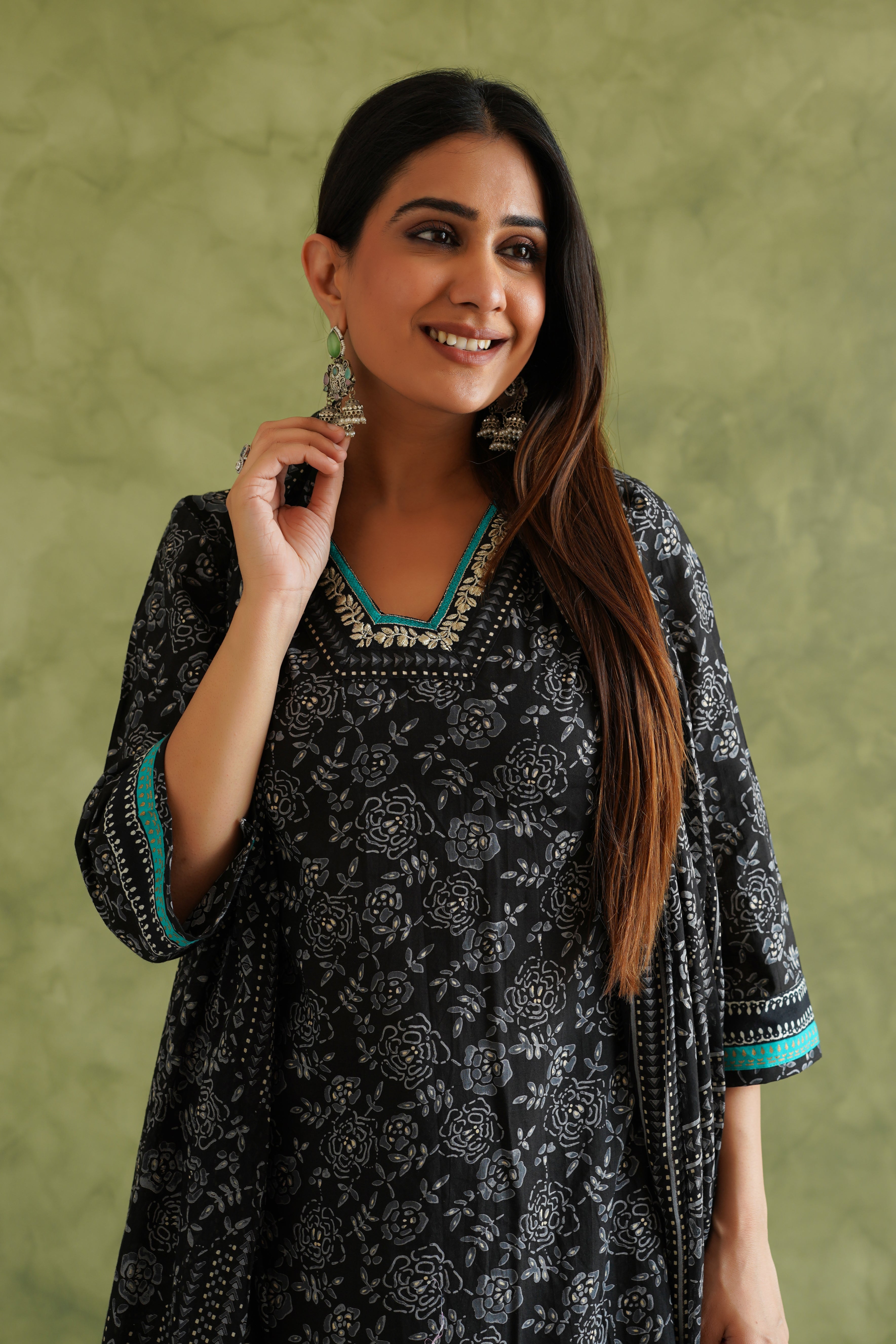 Black Floral Printed Suit Set