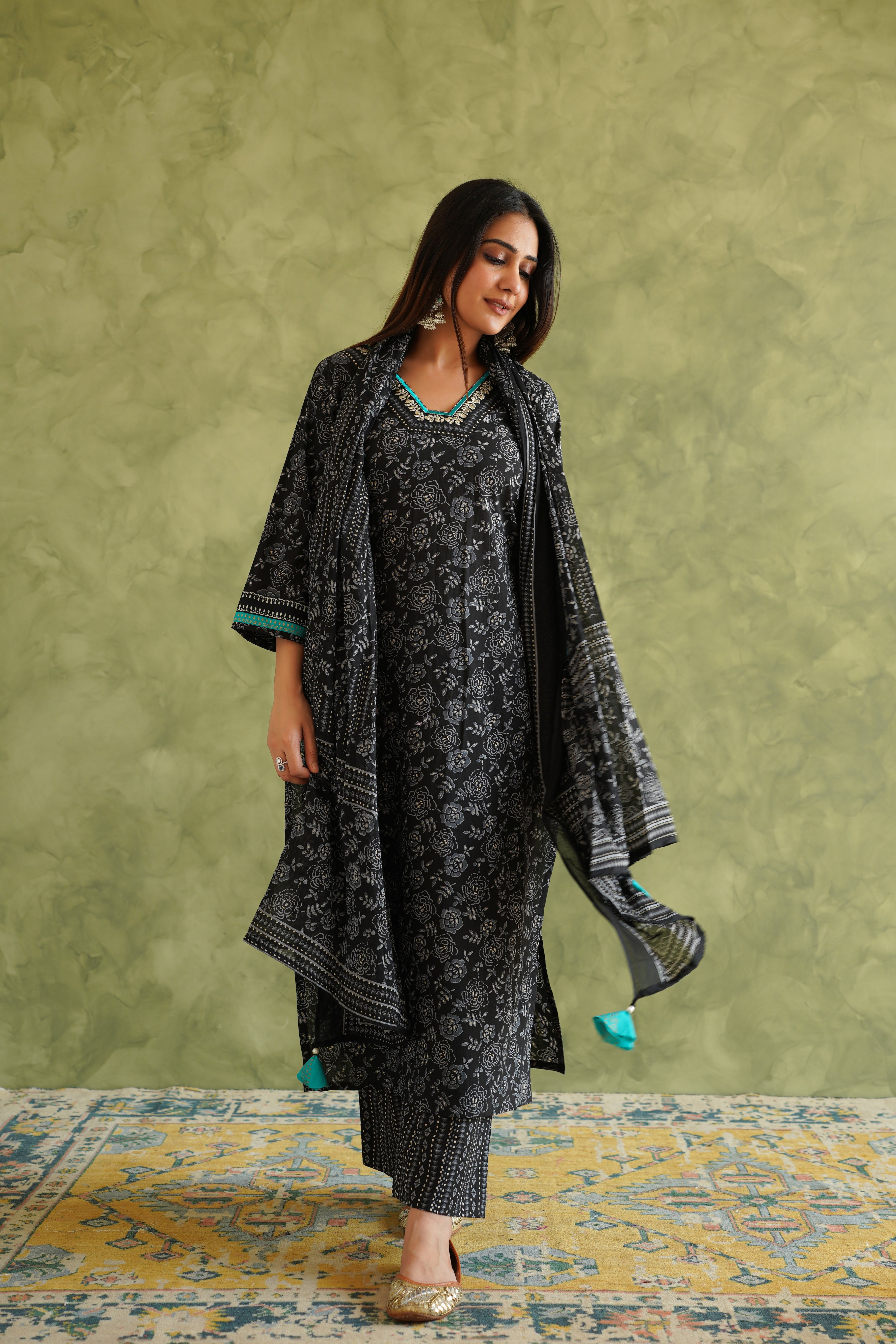 Black Floral Printed Suit Set