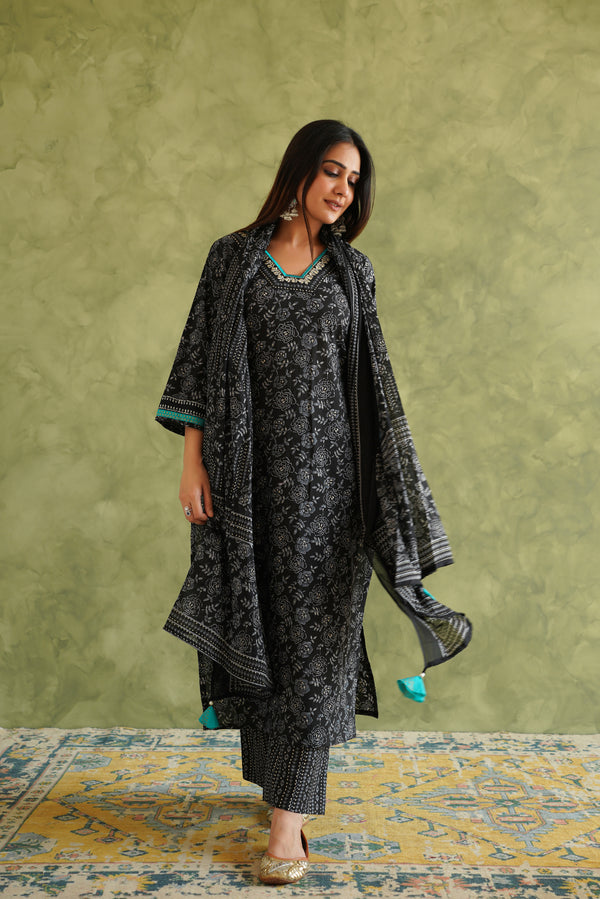 Black Floral Printed Suit Set