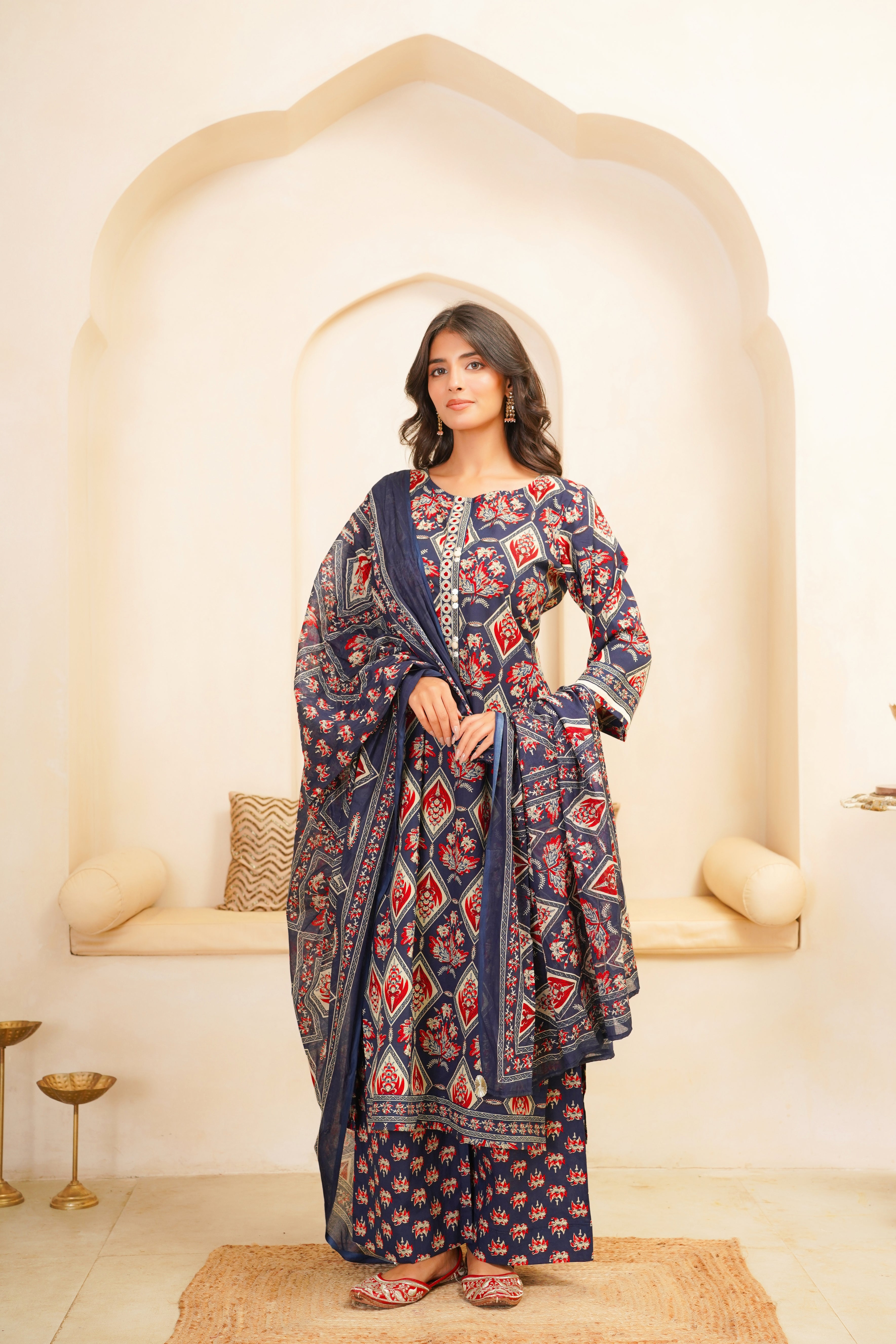 Blue Motif Printed Suit Set