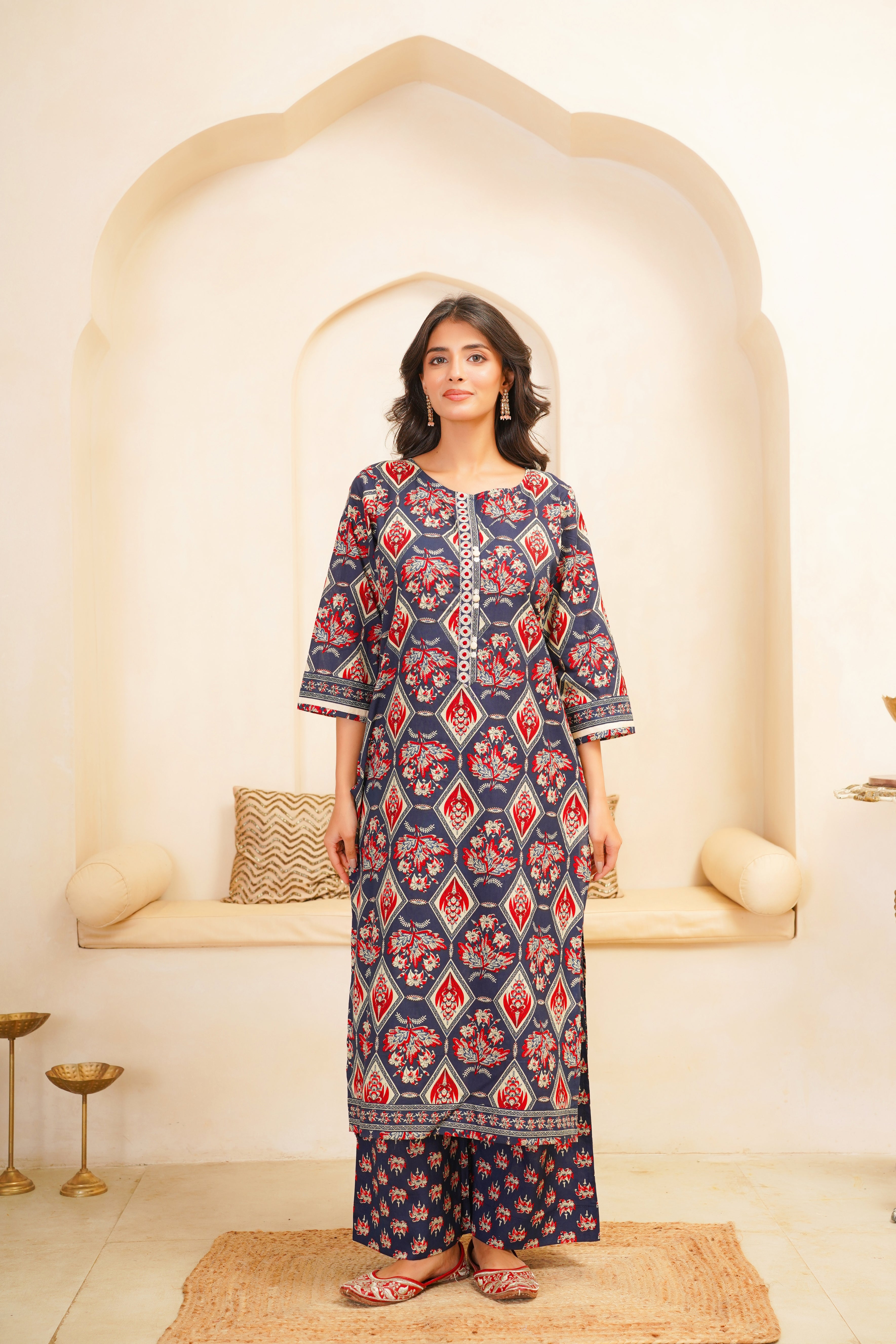 Blue Motif Printed Suit Set