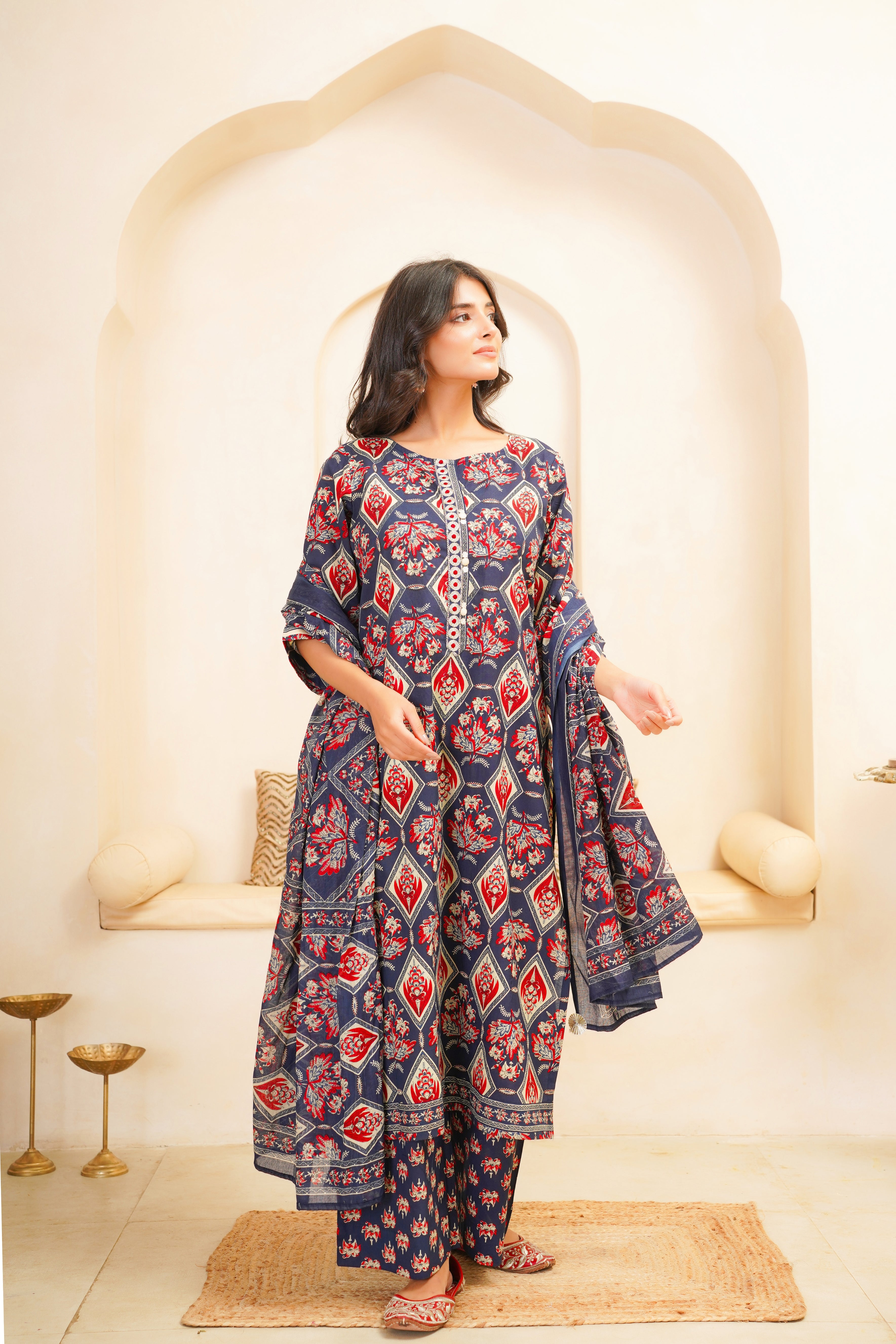 Blue Motif Printed Suit Set