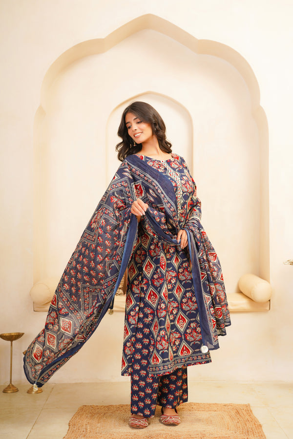 Blue Motif Printed Suit Set