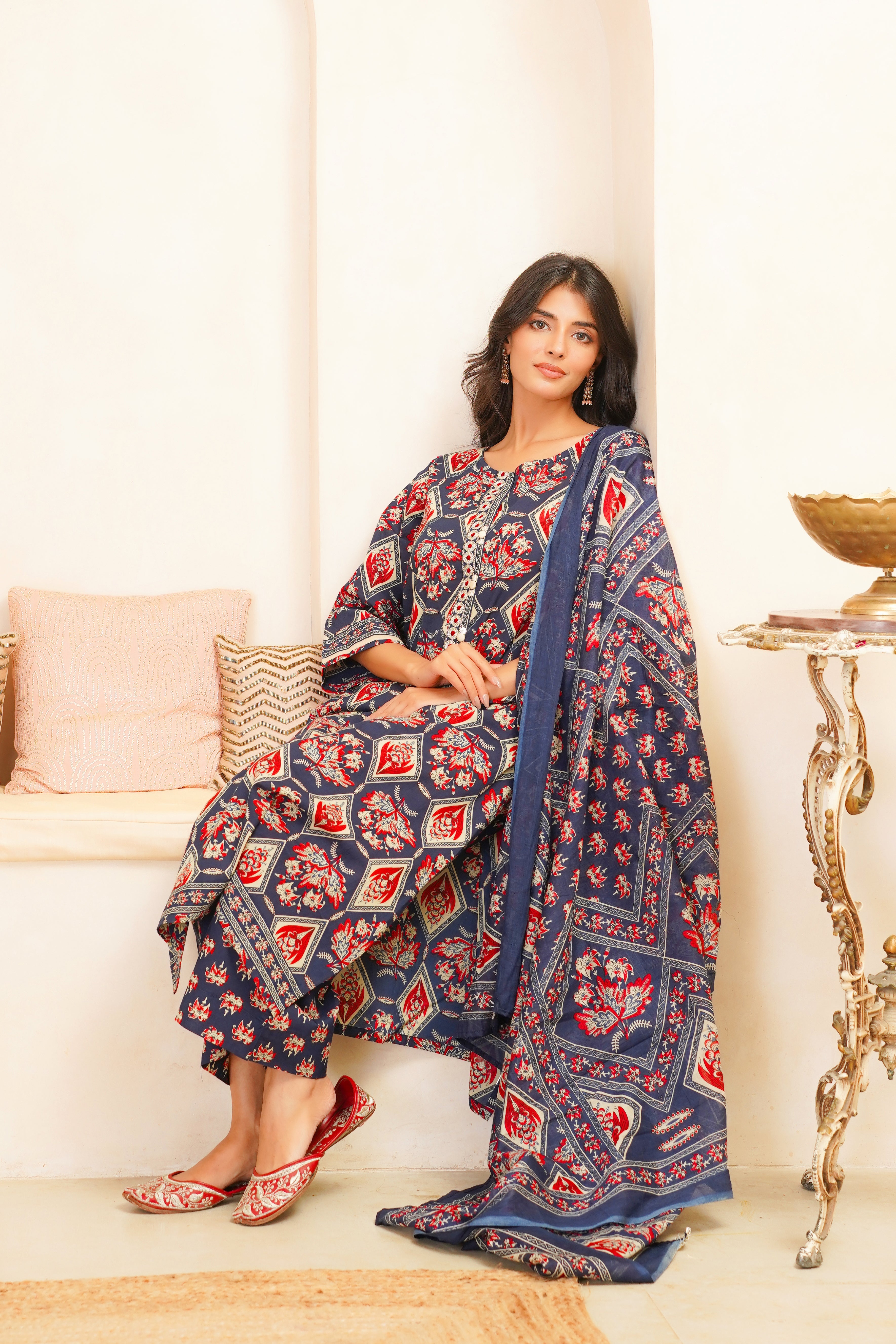 Blue Motif Printed Suit Set