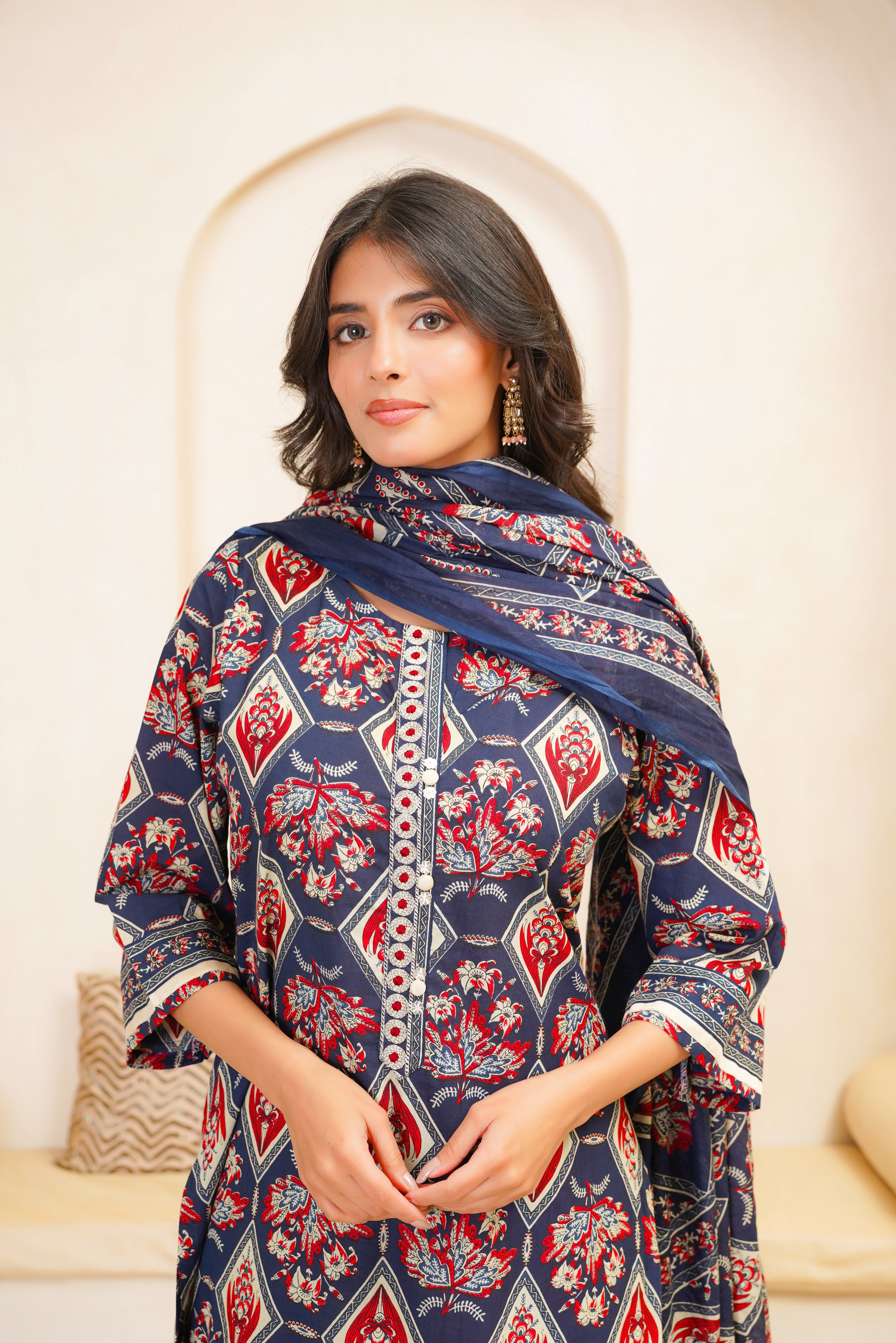 Blue Motif Printed Suit Set